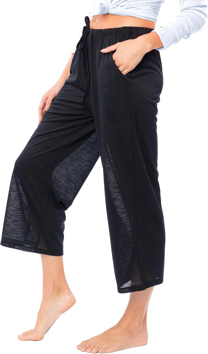 Sexy Basics Women's Capri Length Lounge & Cover Up Spa Pants | Semi Sheer & Flowy Drawstring Bottoms | Multi Packs & Colors