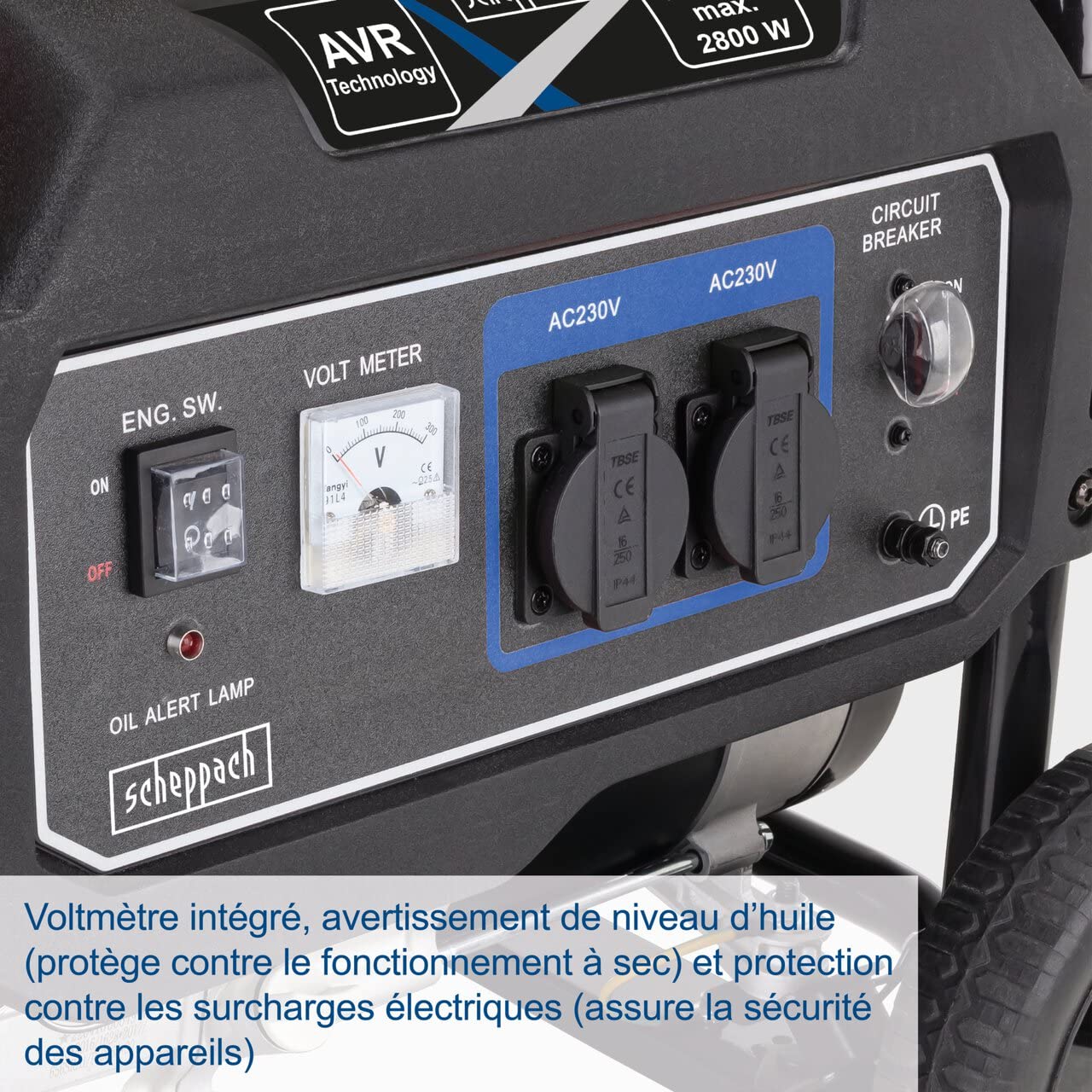 Scheppach SG3200x Générateur de courant | 2800W | Puissance 6CVX | Puissance de 6 CV | Réservoir de 15 L | Moteur 4 temps de 212 cm³ | 2 prises 230 V | Poignée et dispositif de déplacement