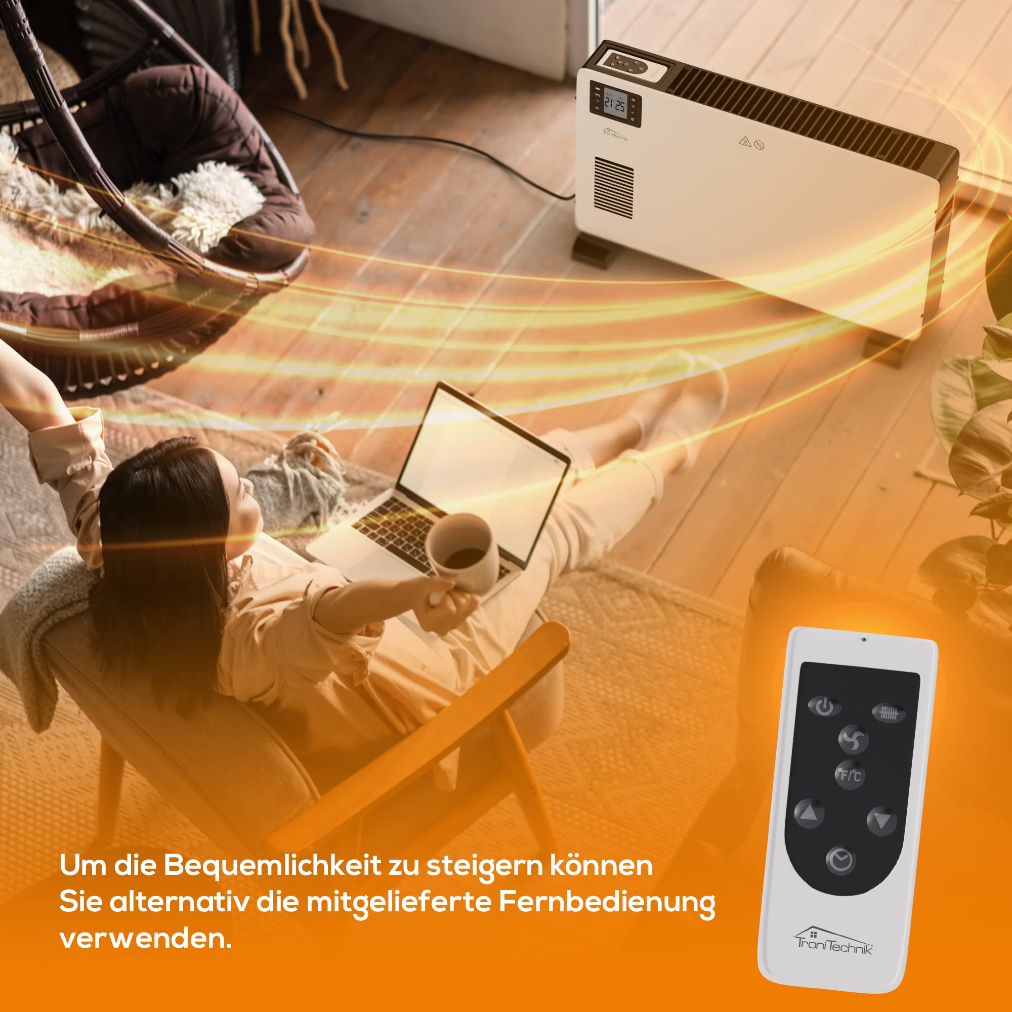 Tronitechnik® Elektroheizer Konvektor-Heizung mit 3 Heizstufen 1000/1300/2300 Watt, Elektroheizung mobi, Heizkörper mit Griffmulde, Timer, Thermostatsteuerung, Standheizung energiesparend