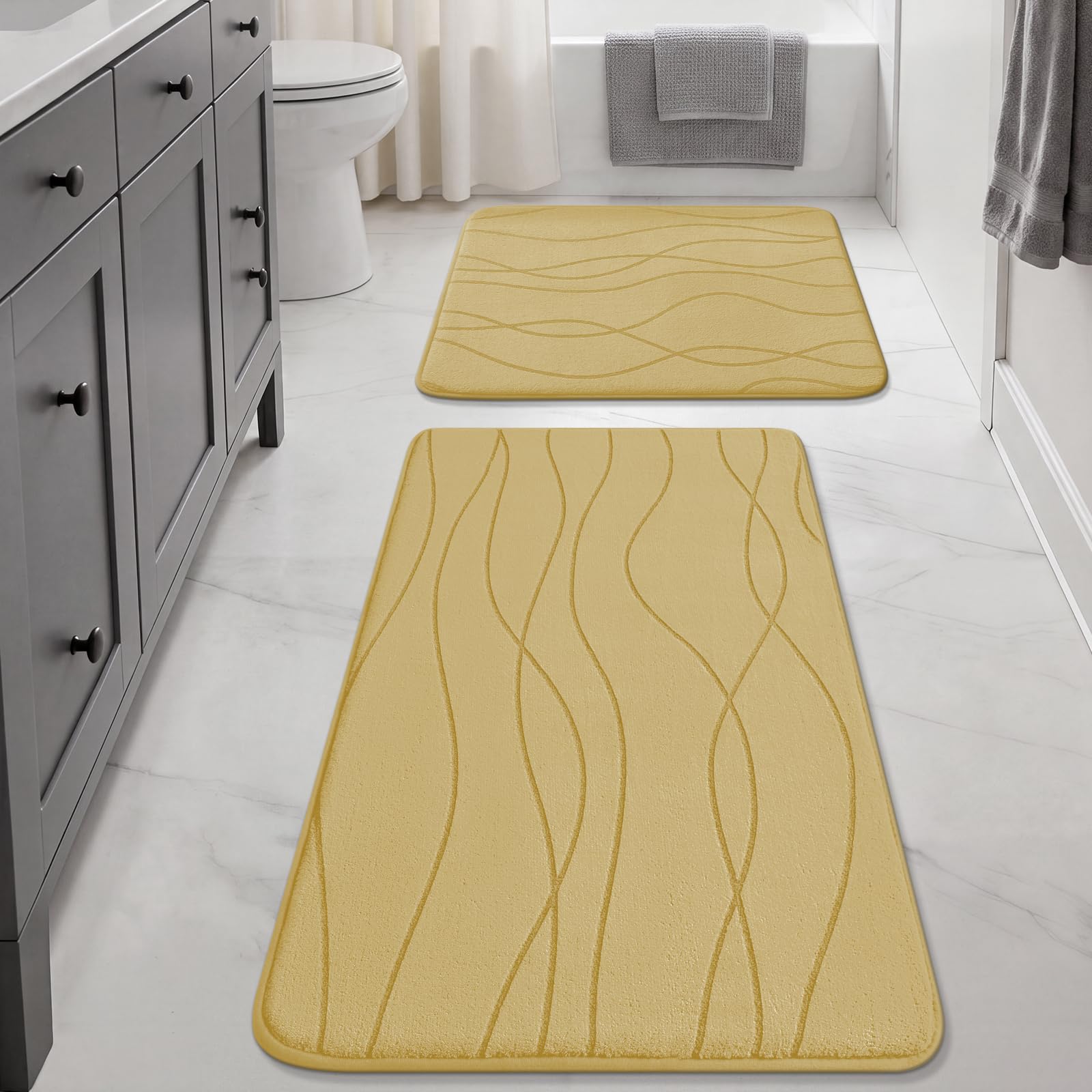 YIHOUSE Bathroom Rugs Set 2 Piece, Memory Foam Bath Mat Beige