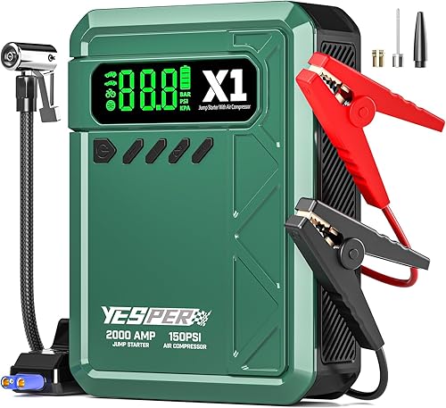 YESPER Arrancador con compresor de aire 2000A 150PSI batería arrancador portátil (8L Gas6L Diesel), cargador de batería de 12 V con cables de