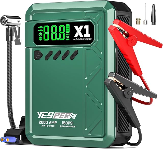 YESPER 7-in-1 Démarreur de saut de batterie de voiture avec 150PSI Air Compresseur(8L Gas/6L Diesel), 2000A 12V Booster de voiture, chargeur portable de batterie boîte de saut avec des câbles de Jumper, LCD Affichage, LED Lumières
