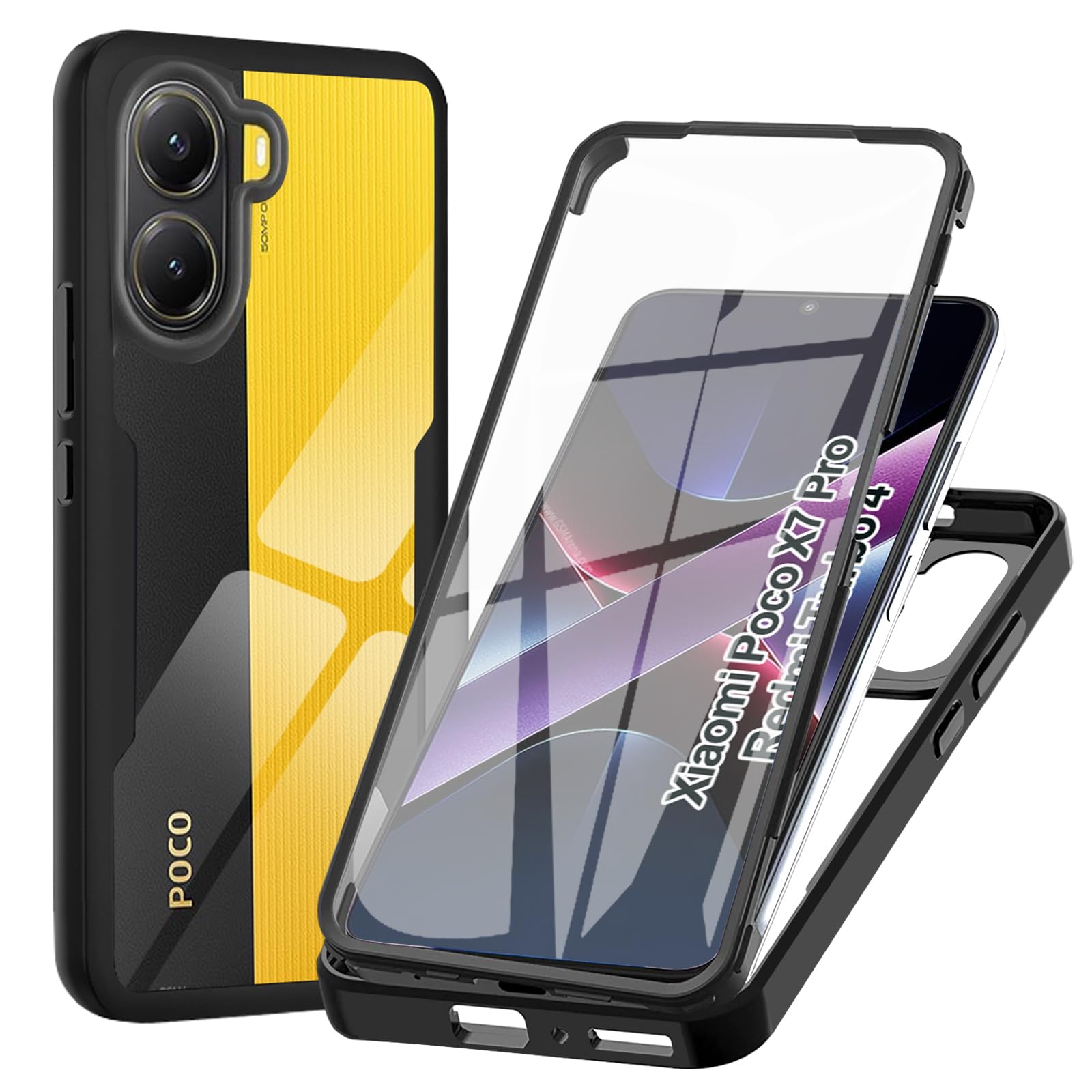 Cover for Xiaomi Poco X7 Pro 5G, Shockproof Case with Integrated Screen Protection, 360° Slim Transparent Silicone Cover Case for Poco X7 Pro 5G, Black Xiaomi Poco X7 Pro 5G Black