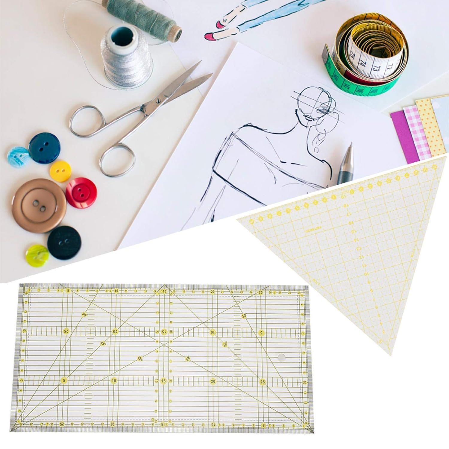 Sewing Measuring Ruler, Sewing Drawing Ruler 2pcs Multi‑Functional