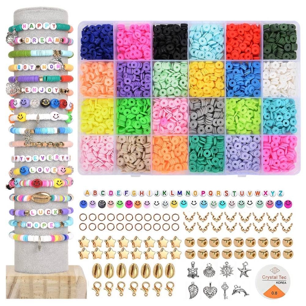 SANNIDHI® Clay Beads Kit 4800pcs 24 Colors Clay Beads for Bracelet Making Set, Polymer Flat Letter Spacer Bead with Charms Elastic Strings DIY Craft, Gift for Girls Kids Women,Multi-Colour