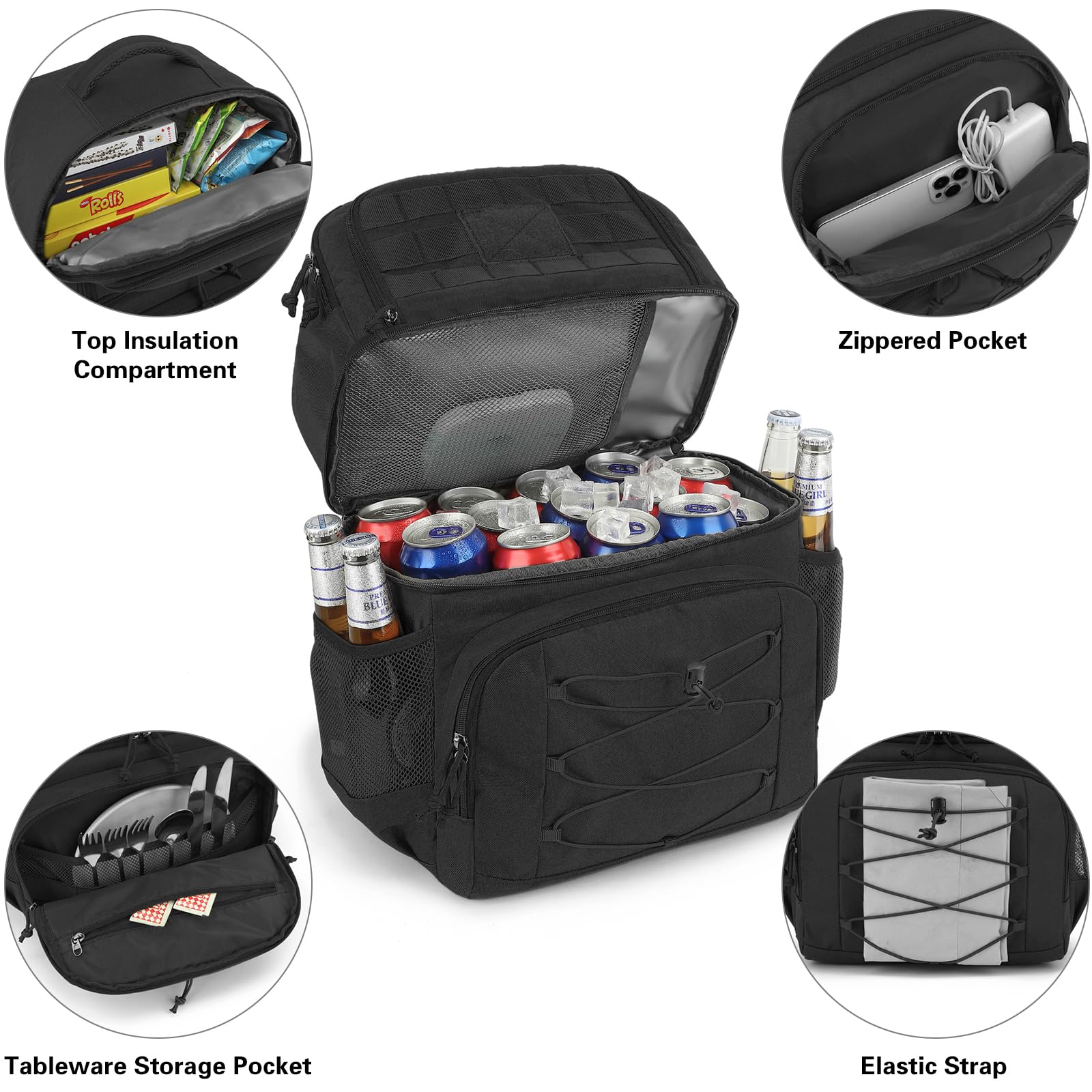 Mochila Nevera Táctica 20L Mochila Termica Pequeña con doble compartimento para hombre y Mujeres Prueba de Fugas Bolsas Isotermica para Trabajo , Playa, Picnics, Campingaz, Negro