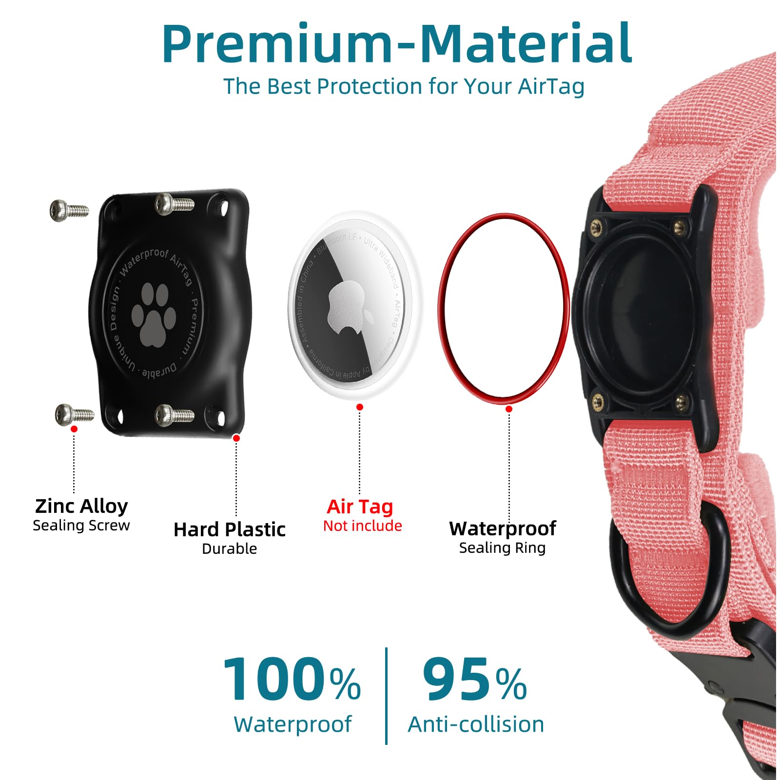 Collare per cani tattico AirTag, collare per cani con etichetta Apple Air Integrato al 100% impermeabile con supporto rigido per AirTag PC, collare militare regolabile con manico, collare GPS per cani
