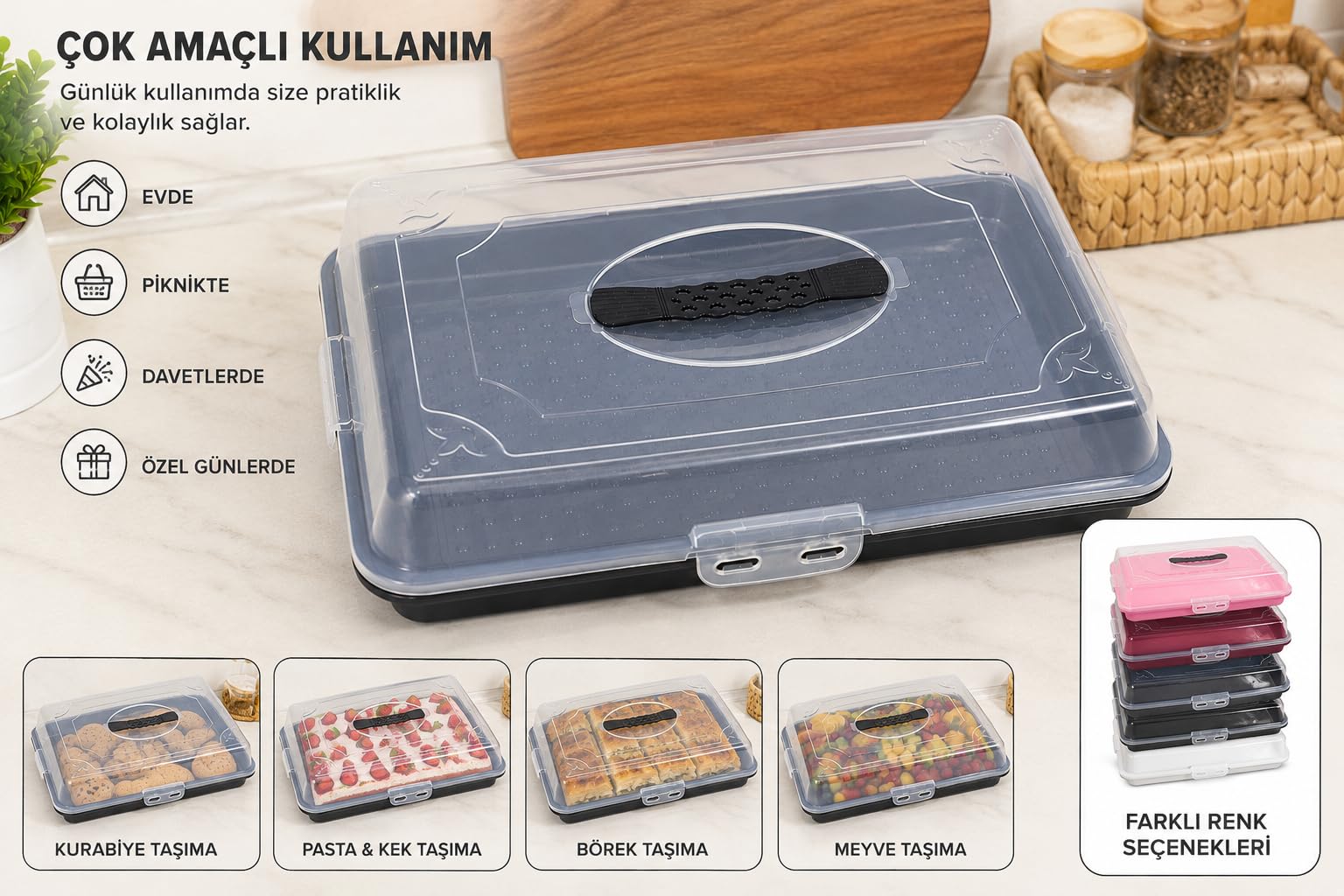 Borcam Taşıma Kabı, Şeffaf Kapaklı, Kilitli, 43x30x10 cm, Kek, Börek ve Pasta Taşımaya Uygun