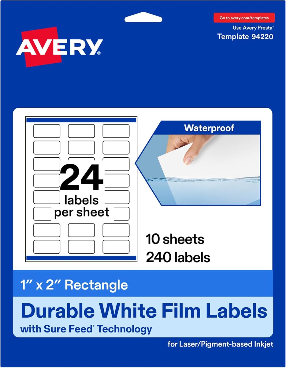 Avery Printable Durable White Rectangle Labels, Sure Feed Technology, 1" x 2", Print-to-the-Edge, Waterproof Labels, Laser & Pigment-Based Inkjet Compatible, 240 Total