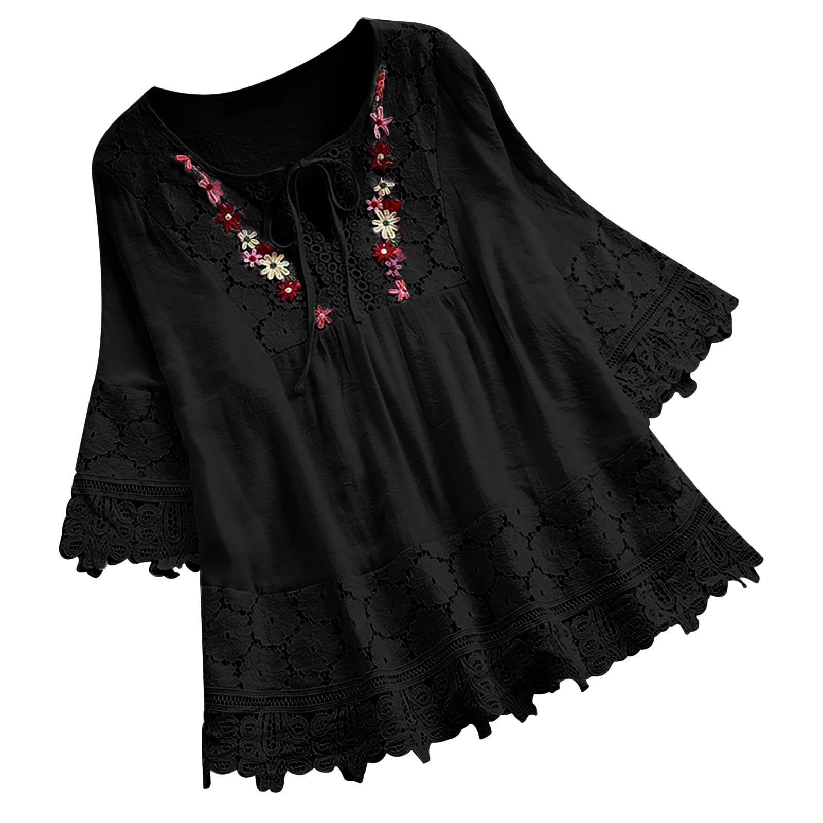 Womens Summer Loose Tops V-Neck Lace Crochet Half Sleeve Shirts Casual Chiffon Blouses Flowy Blouses Shirts(Za Black,M)