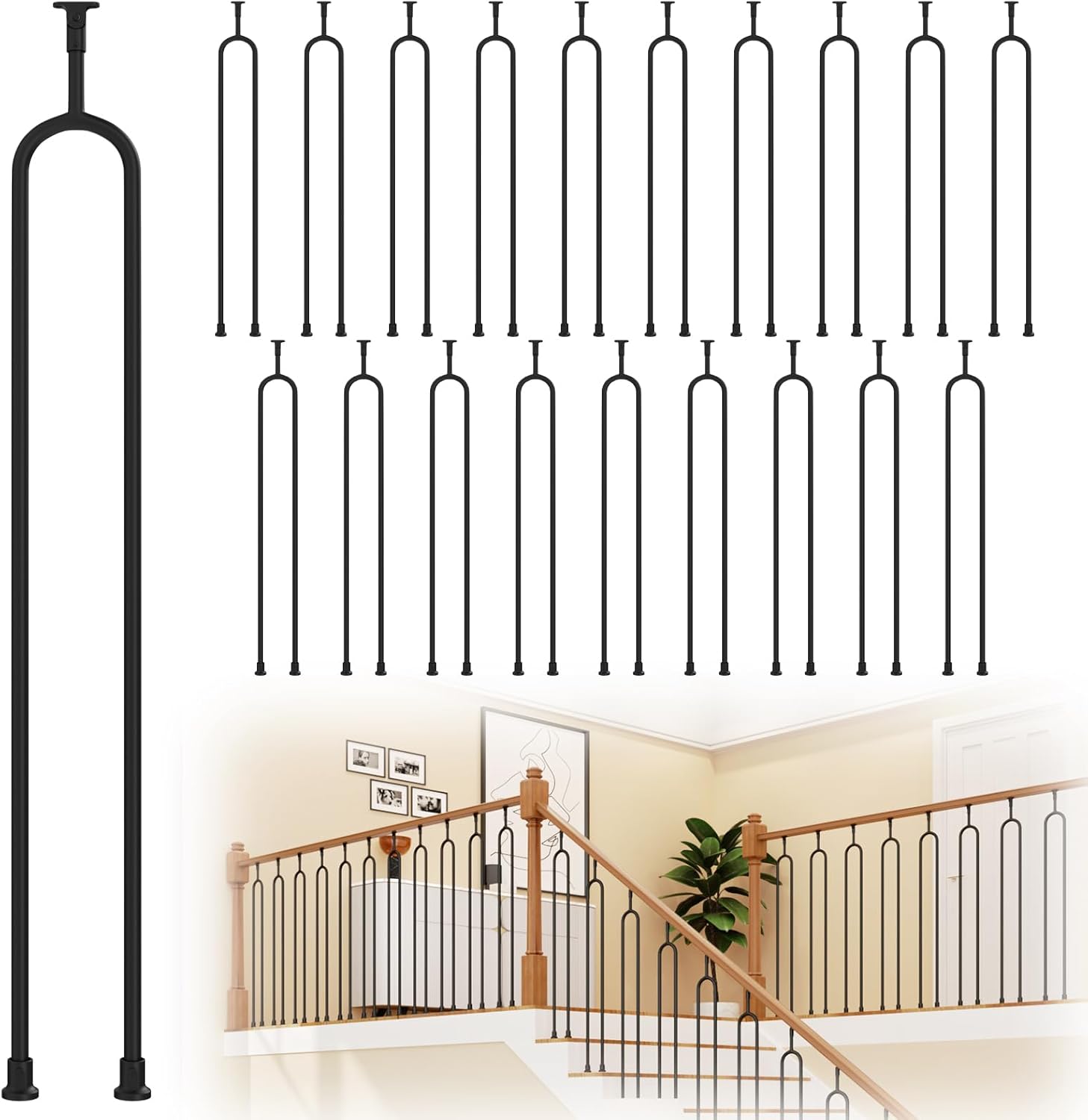 20 Pack 38" Stair Baluster, U-Shaped Stair Railing Indoor with Shoes, Industrial Wrought Iron Handrails Stair Handrail Stair Railing Step Railing Black 38in Baluster 20 Pack