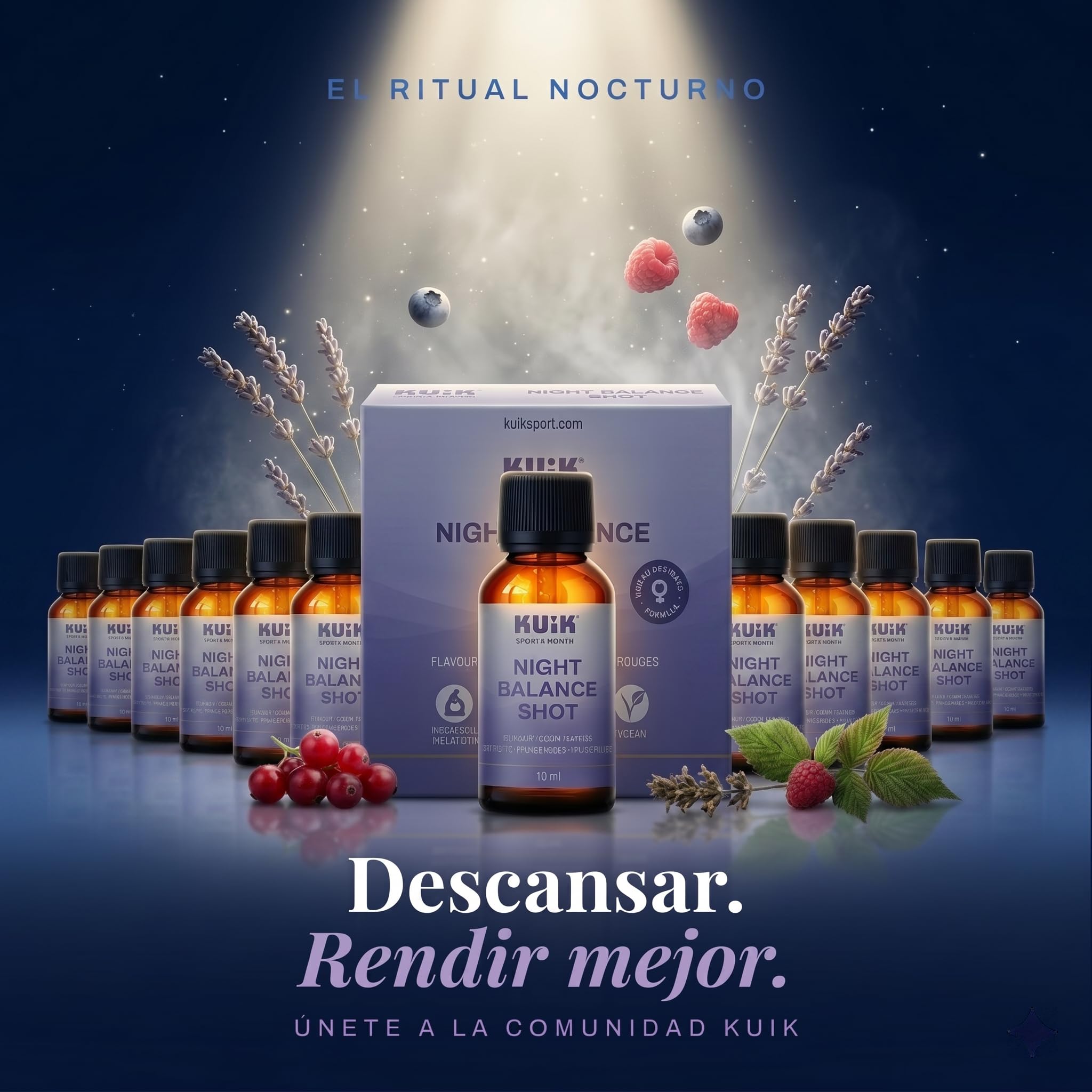 Night Balance Shot con Melatonina, Magnesio y L-Teanina – Complemento Alimenticio Líquido para el Descanso – Con GABA y Extractos Vegetales – Sabor Frutos Rojos – 20 Viales – KUIK Sport