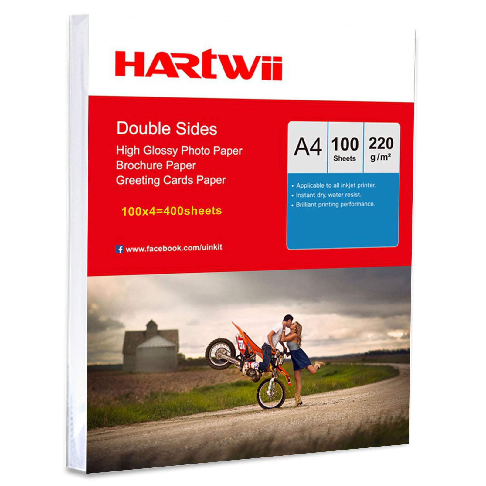Papier fotograficzny A4 220 g/m2 dwustronny nadruk na wysoki połysk – 400 arkuszy papier atramentowy po obu stronach nadruk super biały Hartwii
