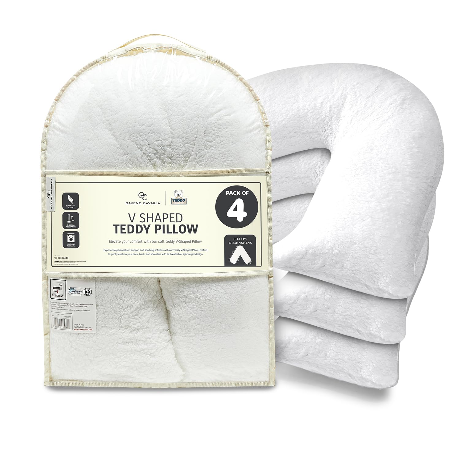 GC GAVENO CAVAILIA Teddy Fleece V Shaped Pillow with Removable Cover - Hollowfibre Filled Orthopedic Cushion - Neck and Back Support Pillows - Comfortable Pregnancy and Side Sleeper Pillow, 4 Pack