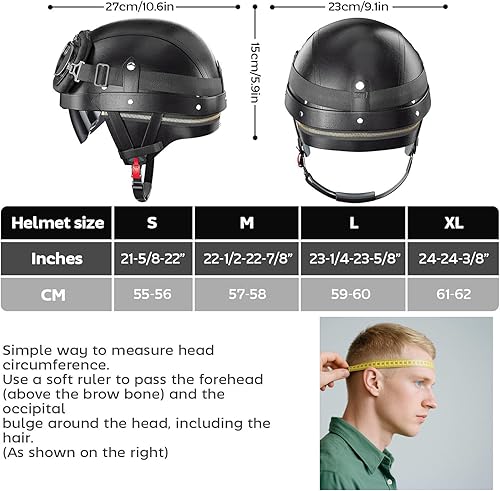 Miniatura 6 de Casco de motocicleta de estilo alemán, aprobado por DOT, de cuero, vintage, novedoso, medio casco para motocicleta con gafasvisera, forro