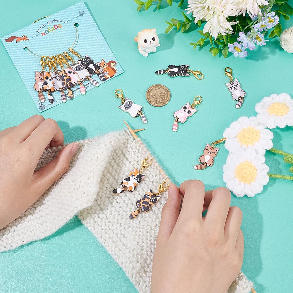 NBEADS 28 Pcs Cat Charm Stitch Markers — 7 Styles Alloy Enamel Locking Markers With 304 Stainless Steel Clasp For Crochet & Knitting