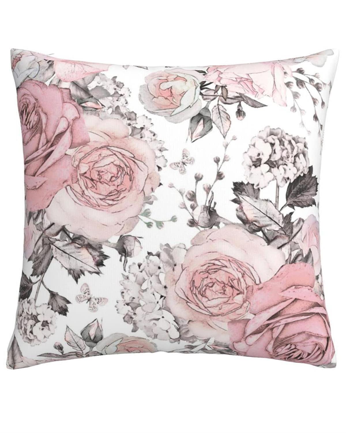 Decorative Pillow Covers Gray Abstract with Pink Flowers and Leaves on White Watercolor Floral Pattern Rose Throw Pillow Case Shell for Couch Sofa Home Decor Cushion Cover Pink 18 x 18 in