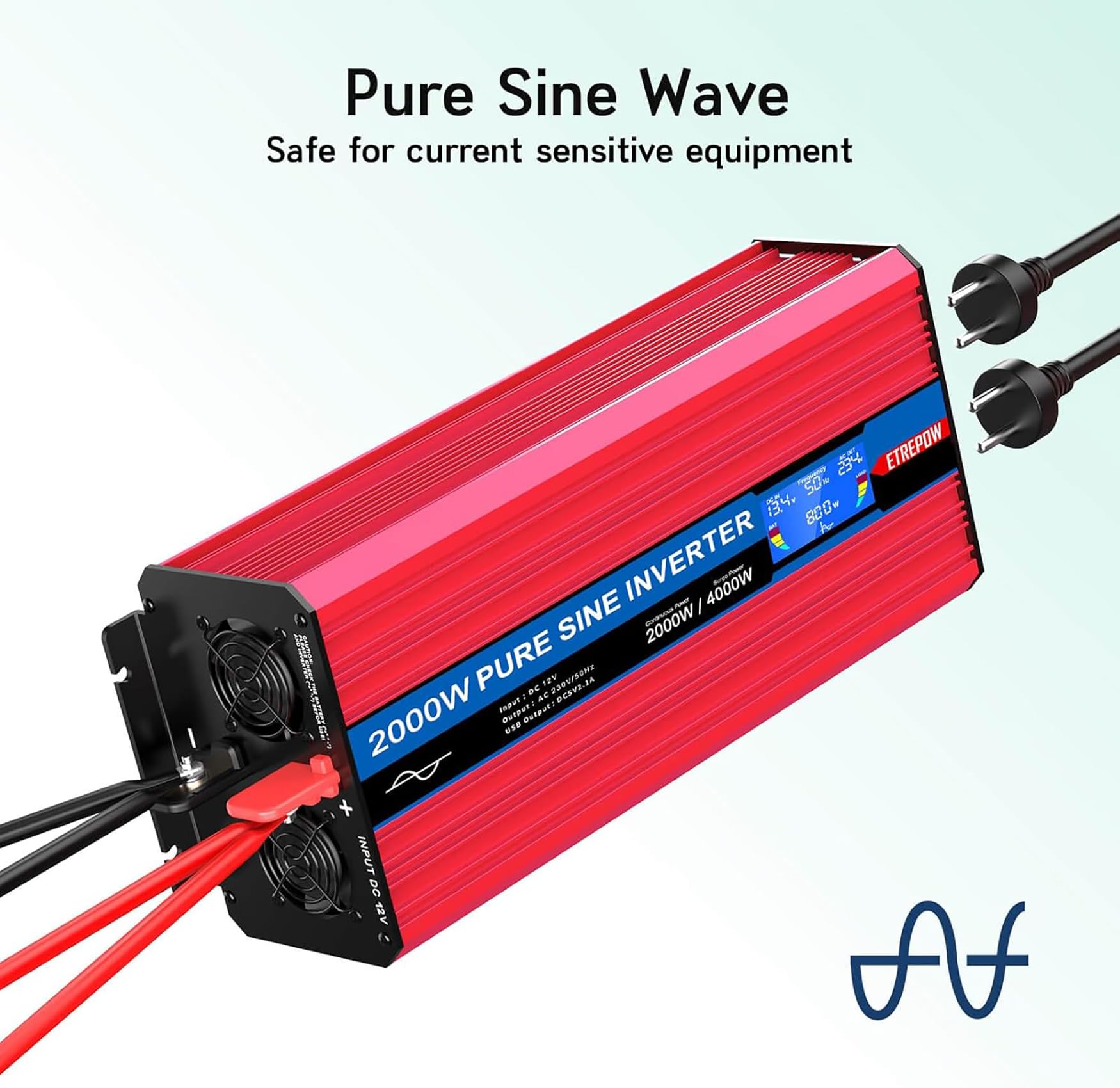 2000W Przetwornica 12v 230v Czysty Sinus z 2 gniazdami EU i bezprzewodowym pilotem, ekranem LCD, Falownikiem Nadaje się do użytku na zewnątrz, w domu, na kempingu, w kamperze