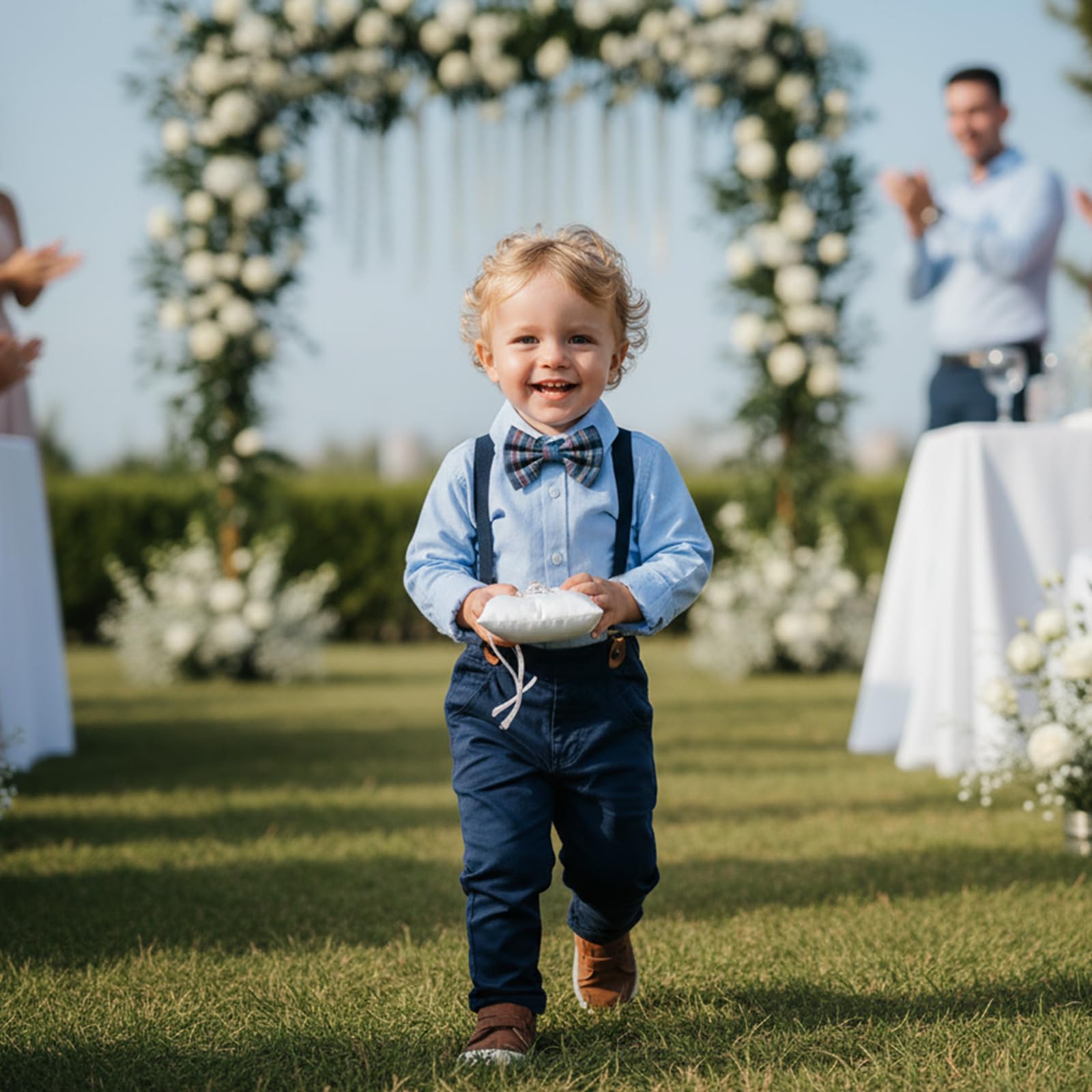 Volunboy Conjunto de ropa para niños pequeños, traje de boda de manga larga, corbatín, vestido formal, camisas, tirantes, pantalones