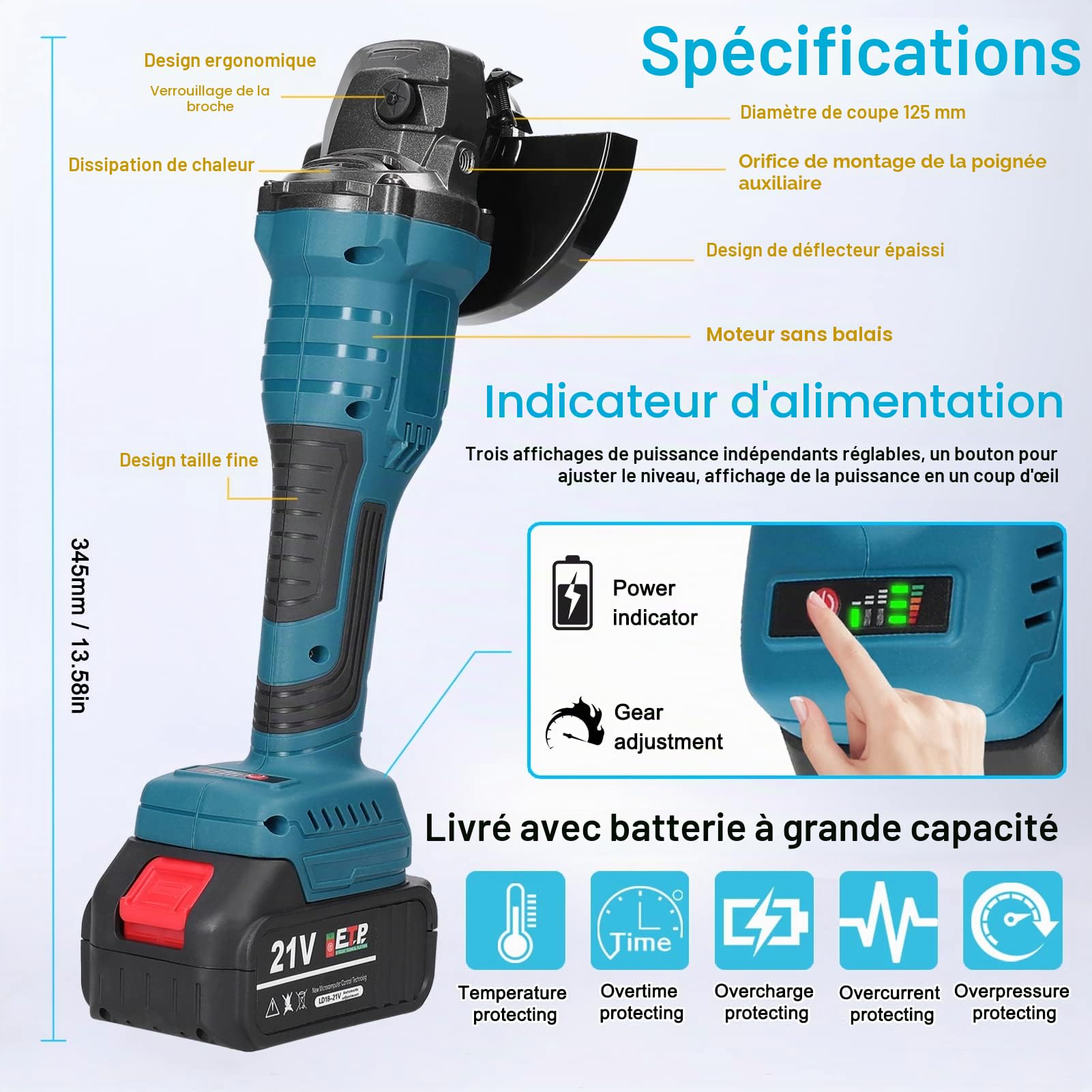 Meuleuse d'angle 125mm Sans fil, Weytoll 21 V M14 Meuleuse d'angle Moteur sans balais avec 2 piles 1300 mAh pour couper et polir les carreaux de céramique, le bois, la pierre et l'acier