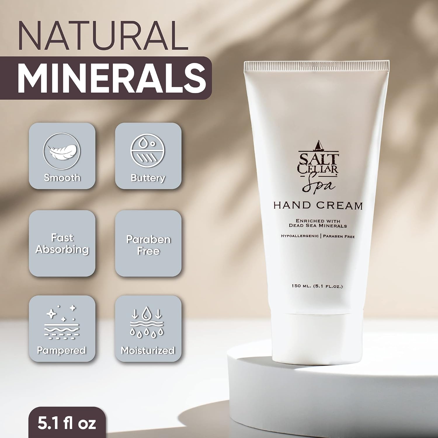 Salt Cellar Spa Dead Sea Mineral Hand Cream, Moisturizer Lotion for Dry, Cracked Skin Enriched with Glycerin, Olive Oil, Paraben Free, Fast Absorbing, 5.1 FL oz (150 ml)