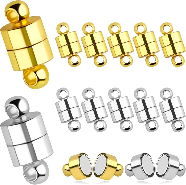 AIEX 12pcs Magnetic Bracelet Clasps, Locking Magnetic Clasps Magnetic Necklace Clasps with Round Buckle Magnetic Jewelry Clasps Magnet Clasp Converter for Jewelry Necklace Making (Golden, Silver)