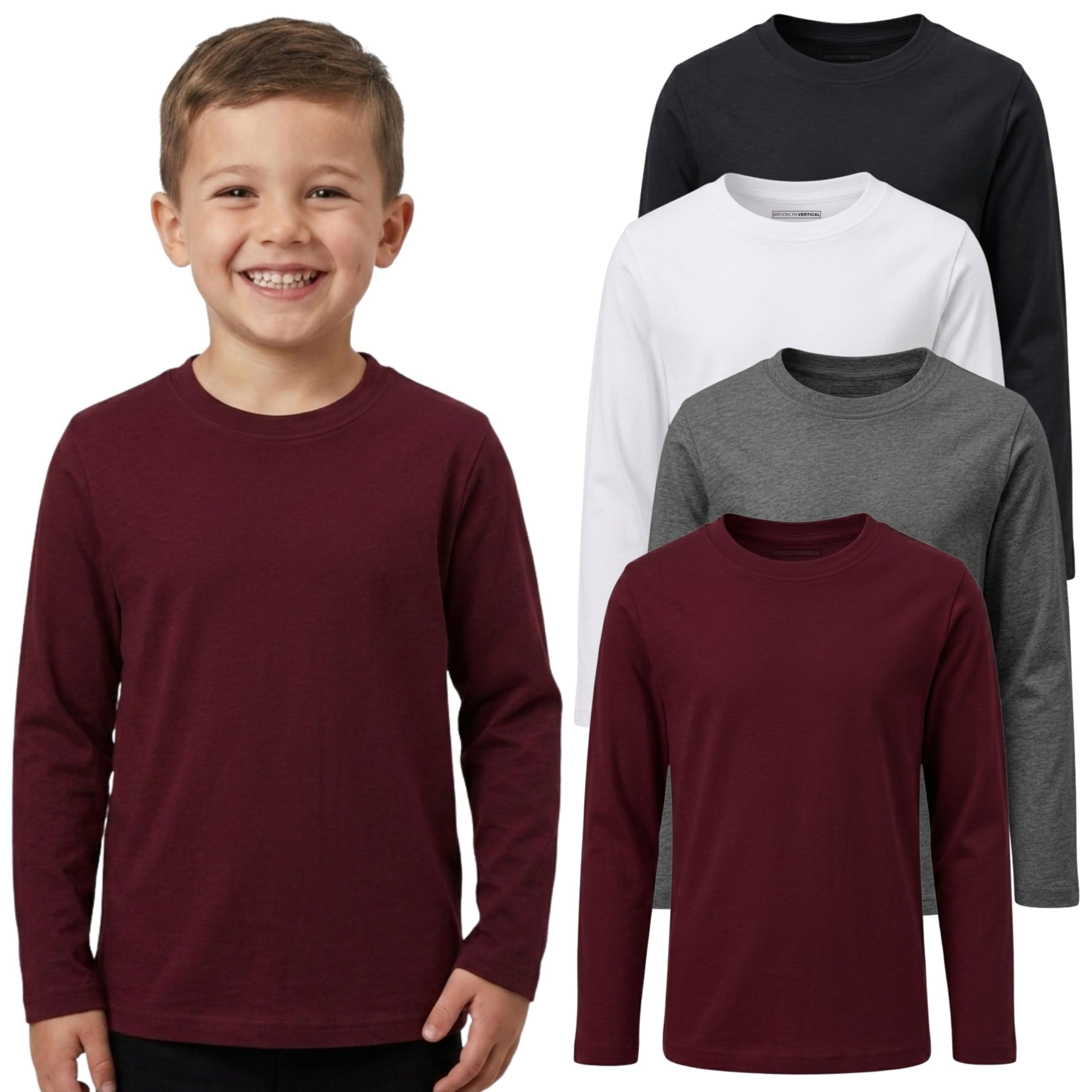 BROOKLYN VERTICAL Boys 4-Pack Long Sleeve Cotton T-Shirts – Tagless Crew Neck Basic Tees, Sizes 2T-18/20