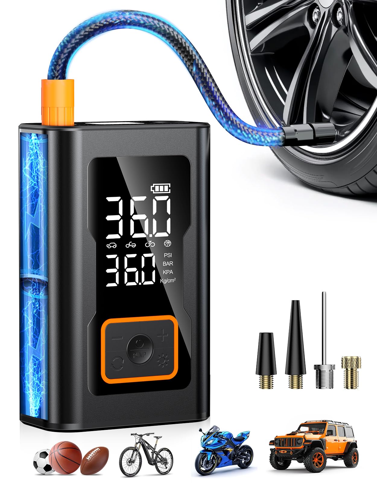 Tire Inflator Portable Air Compressor,150 PSI Bike Tire Pump - Compact Air Pump for Car Tires,Bicycle,Motorcycle,Ball,Rechargeable Tire Inflator with Digital Pressure Gauge and LED Lighth