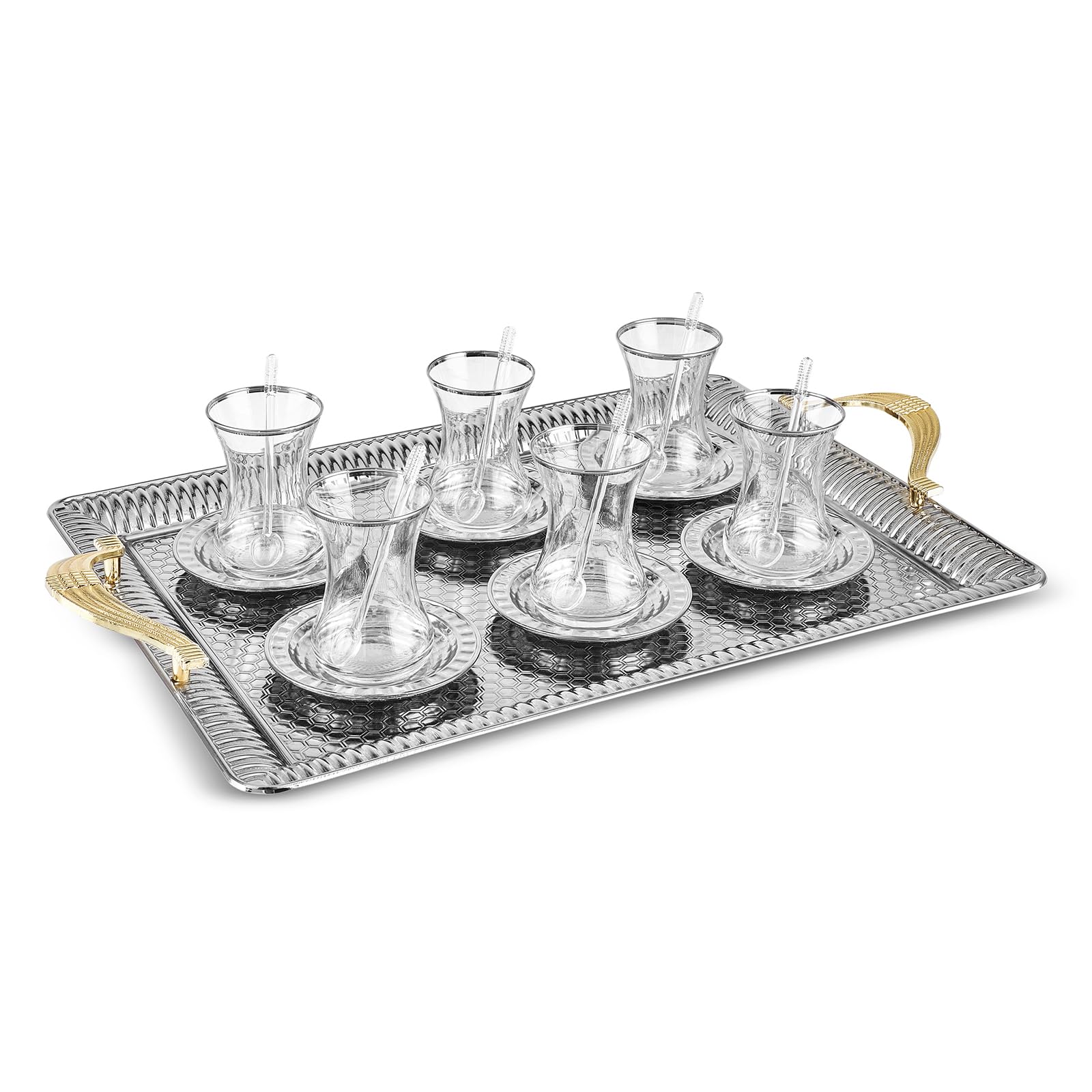 Karaca Deniz Türkische Teetassen 19er Set, Türkische Teegläser Tassen und Untertassen für 6 Personen, inklusive Tablett, Untertassen, Teelöffel, 130ml