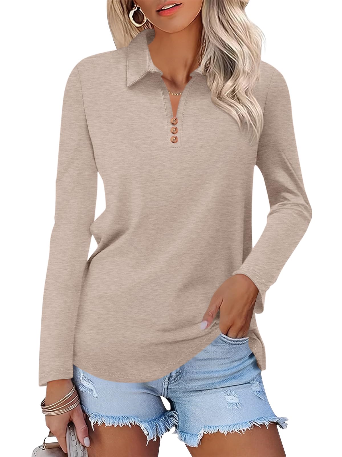 TICTICMISS Women's Long Sleeve Tops V Neck Button Polo Shirts Casual Basic Tees Blouse