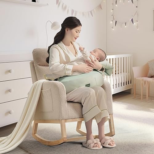 Rocking Chair Nursery,Glider Chair Nursery Chair with High Back and Side Pocket, Rocking Accent Armchair with Rubber Wood Legs for Living Room/Bedroom/Nursery
