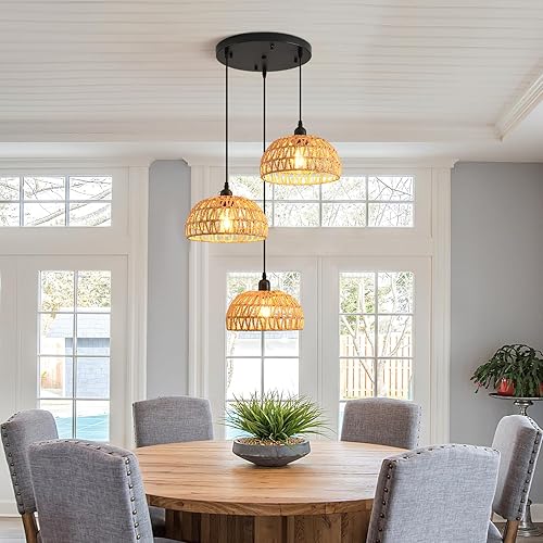 Miniatura 8 de hualuosi Lámpara colgante tejida de bambú, 14.82 pulgadas, estilo costero de ratán tejido a mano, lámparas colgantes de mimbre bohemio para granja,