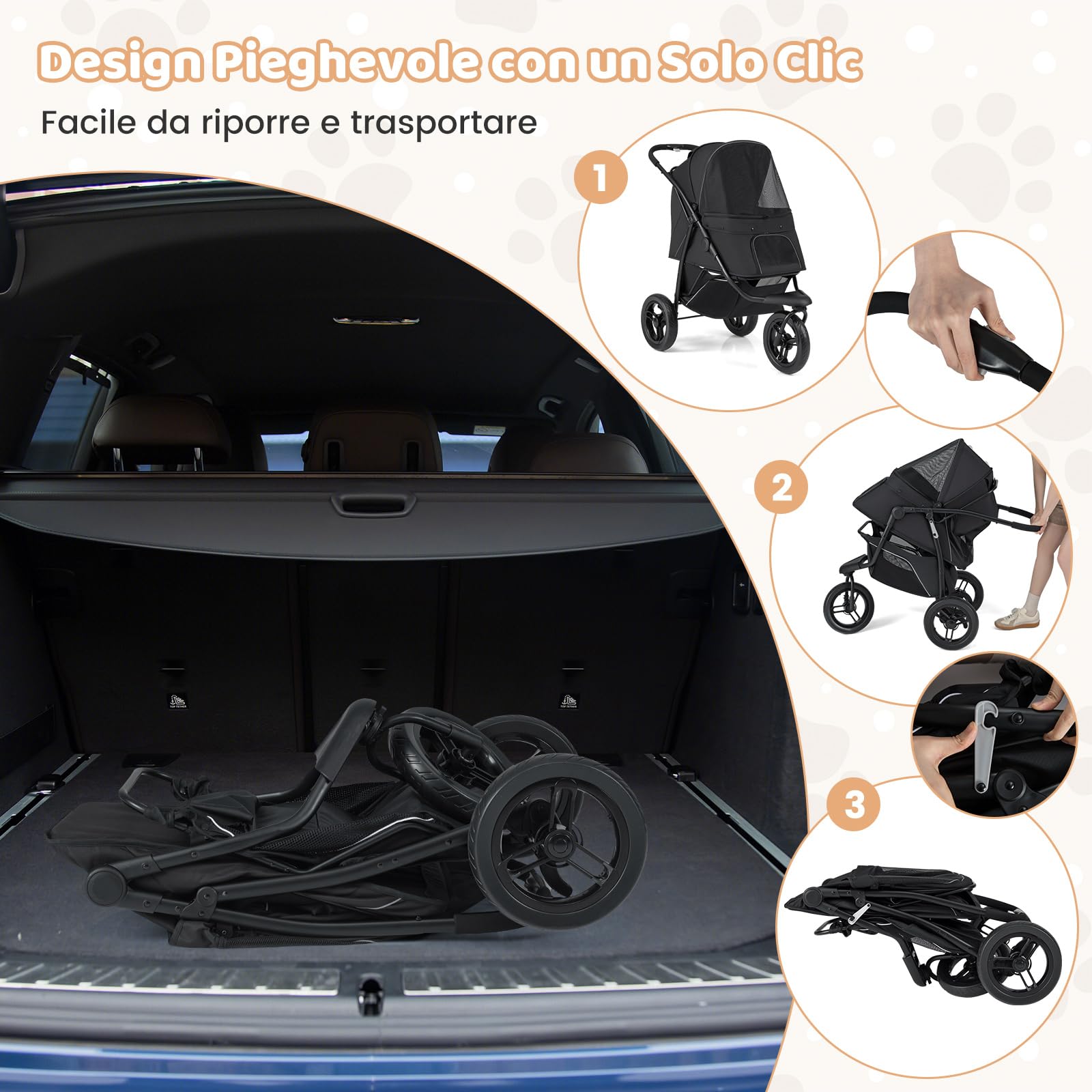 COSTWAY Passeggino a 3 Ruote per Cani Piccoli e Medi, Passeggino Pieghevole per Gatti con Freno a Pedale Singolo, Tenda Regolabile, Cestino, Cuscino e Guinzaglio di Sicurezza, Portata 25 Kg (Nero)