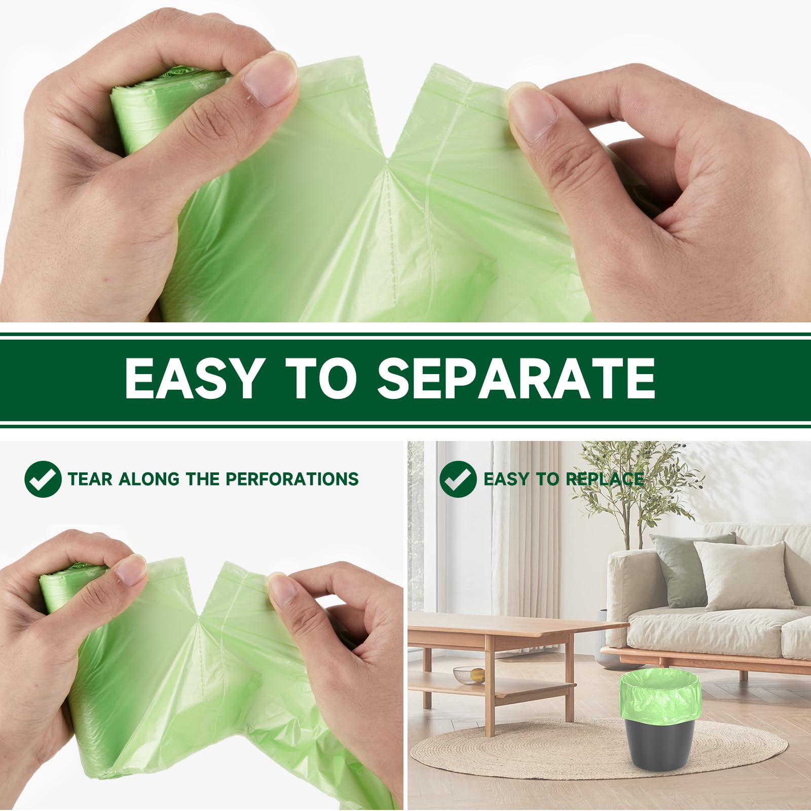 Bolsas de basura pequeñas biodegradables de 4 galones, bolsas de basura sin perfume, bolsas de basura pequeñas fáciles de rasgar para baño, dormitorio, oficina, cocina, 105 unidades, color