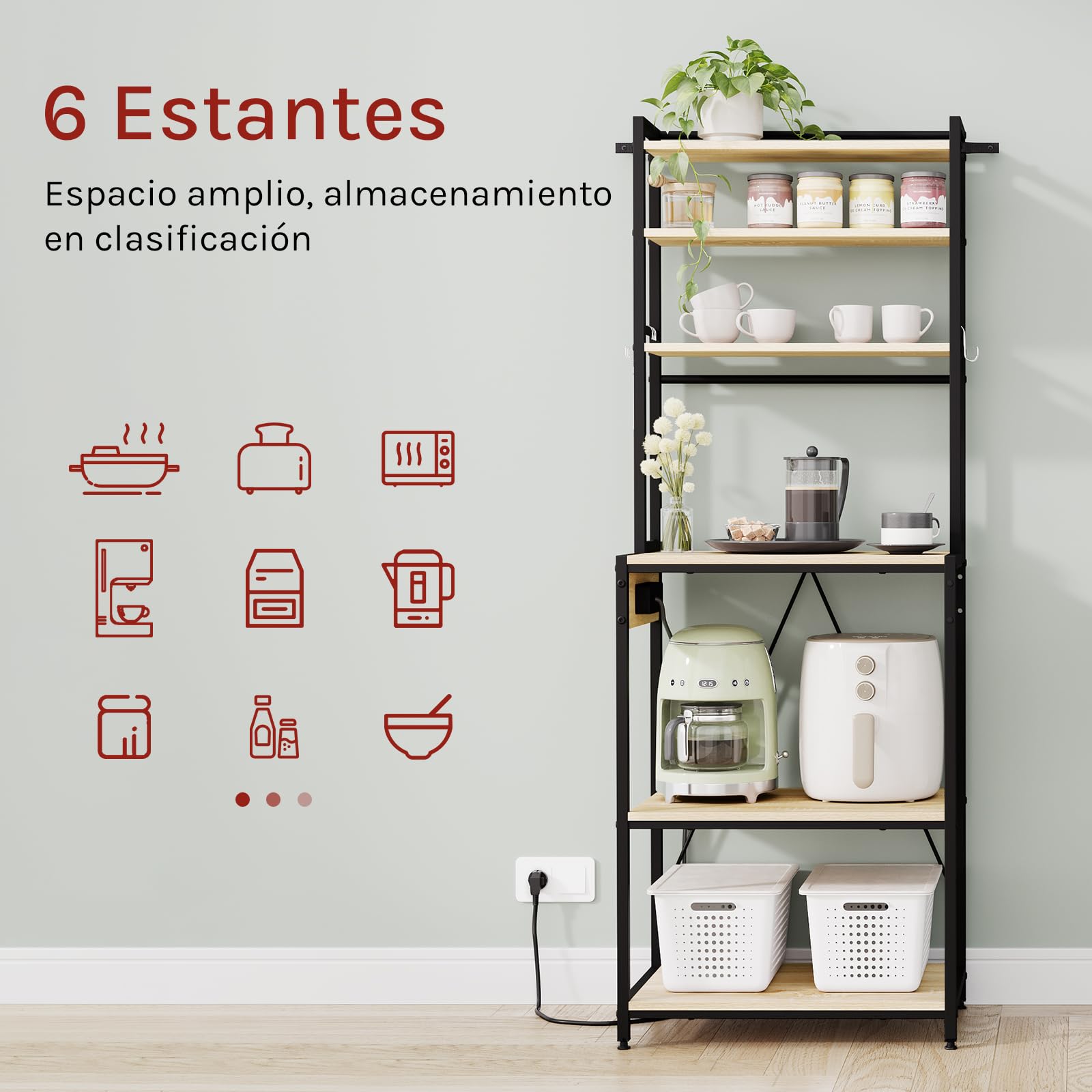 WOLTU Estantería Cocina con Enchufes, Soporte para Microondas con 6 Estantes y 6 Ganchos, Estanteria Almacenaje para Cocina Baño Salón, Metal+Madera, Negro+Roble Claro, 60x39,5x167 cm