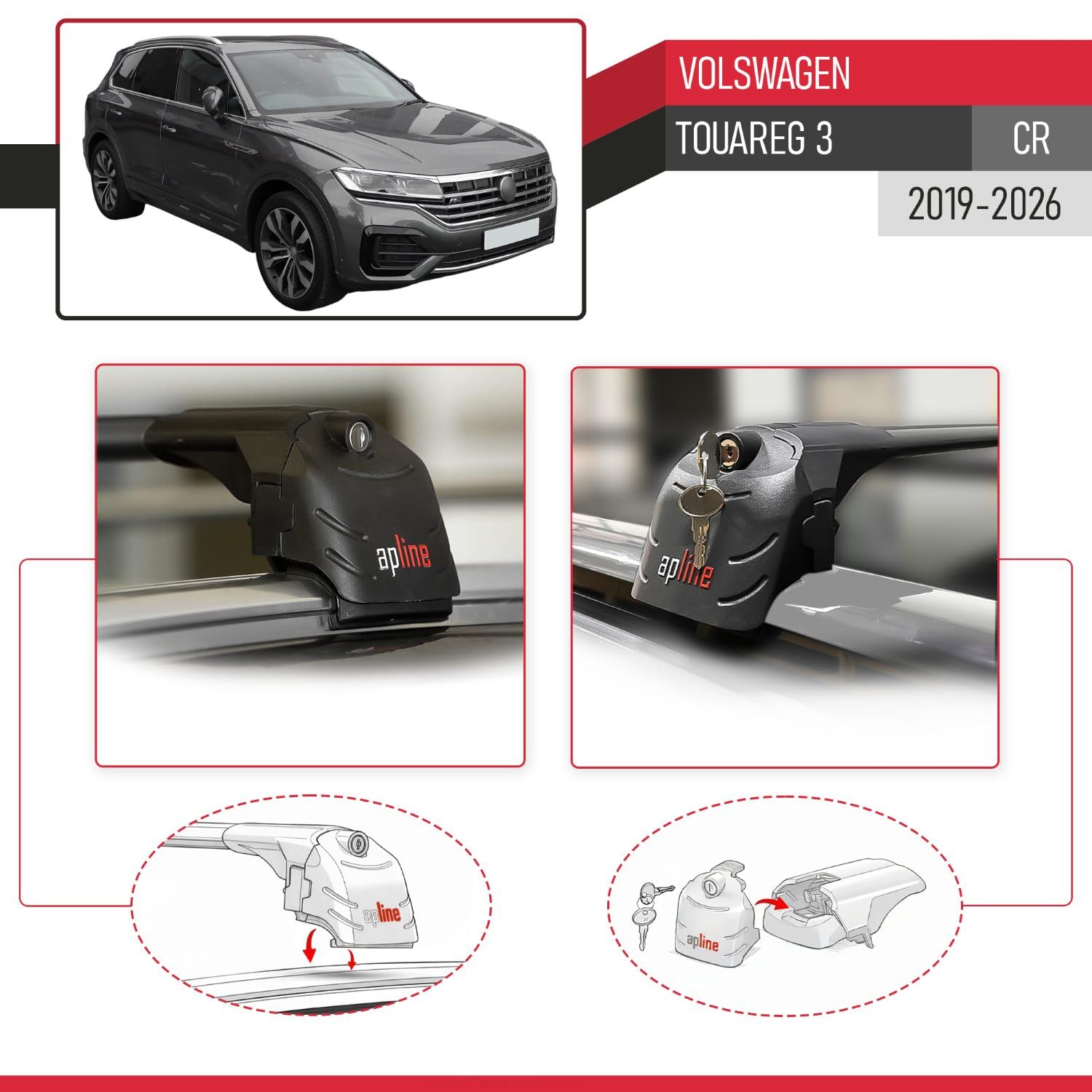 Kompatybilny z Volkswagen Touareg 3 (CR) 2019-2026 Aluminiowy bagażnik dachowy – 2 poprzeczki, czarne