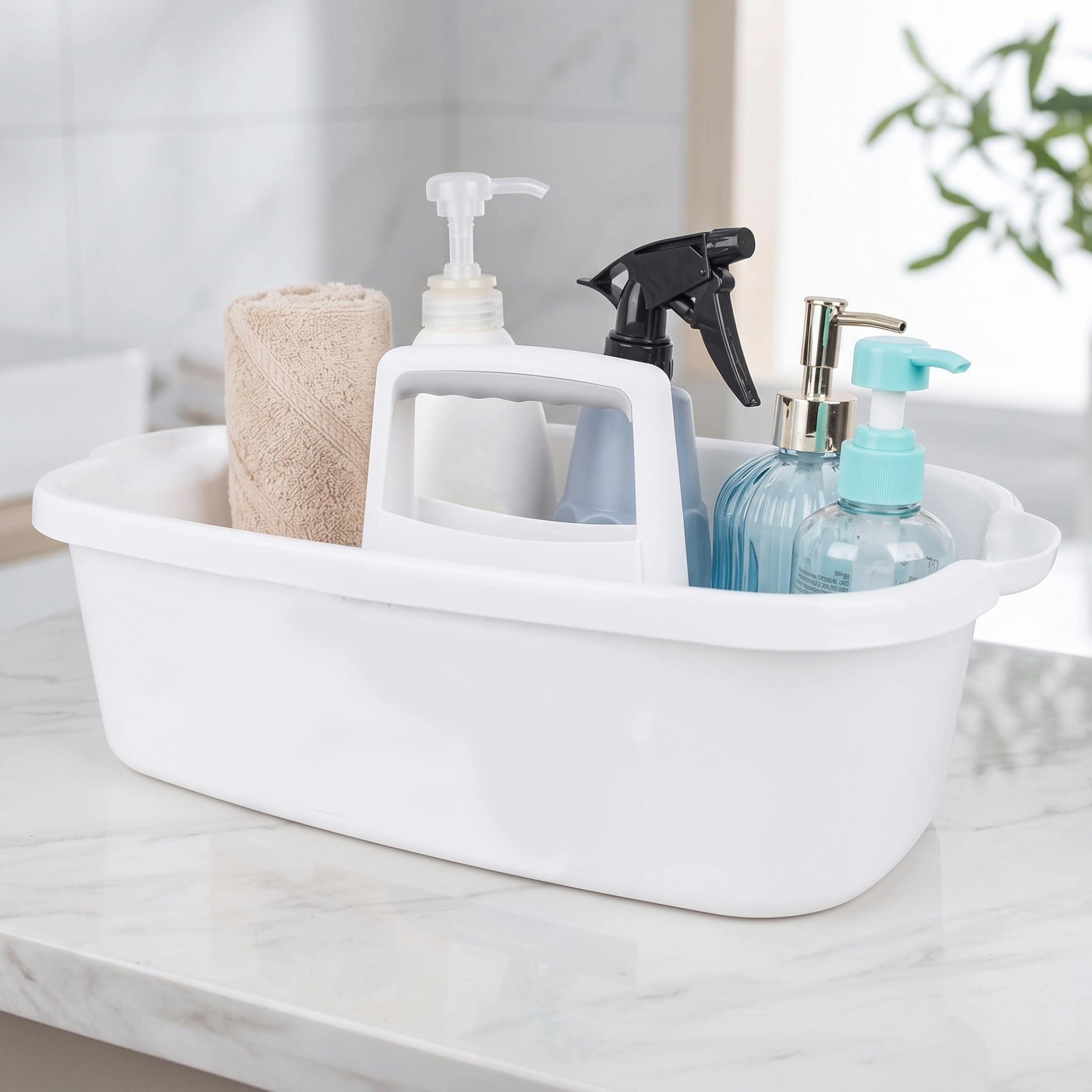 Organizer per la pulizia con manico, contenitore per doccia portatile in plastica, bianco