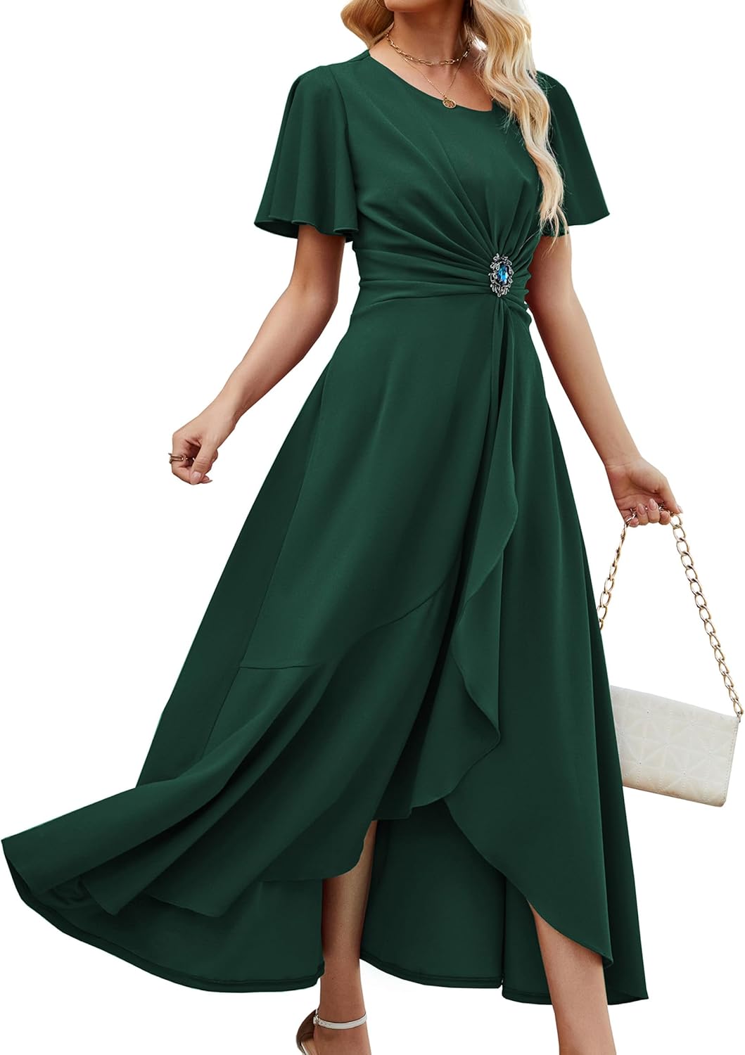 Wedding Guest Dresses for Women Have Pockets Cocktail Dress Ruffle Sleeve A Line Evening Party Formal Dresses for Women