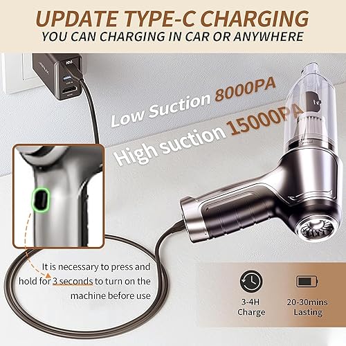 Miniatura 5 de Aspiradora de mano inalámbrica para automóvil, aspiradora de mano de succión fuerte de 15000 PA, aspiradora de mano inalámbrica 3 en 1, mini