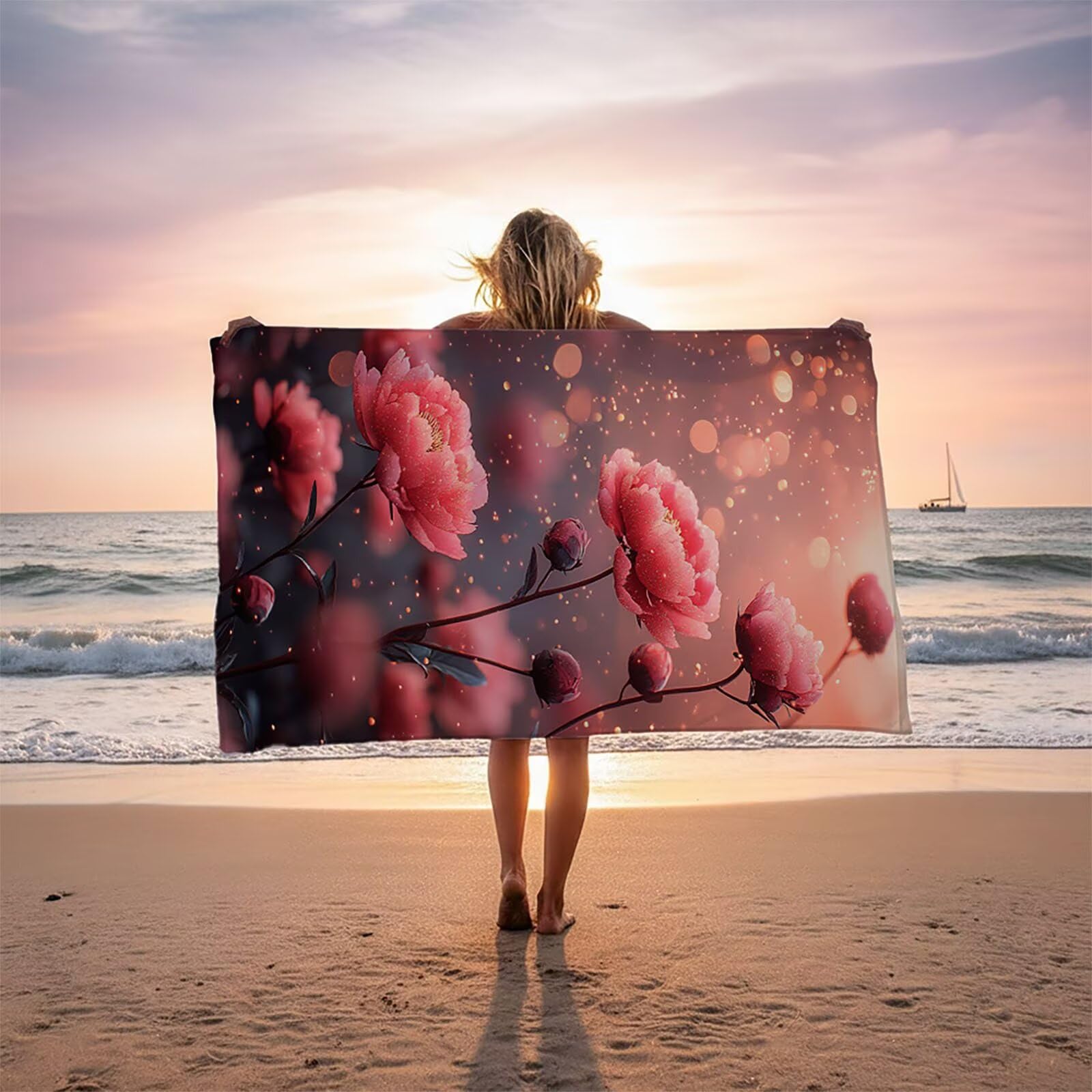 Toalla Playa Flor, Toalla Playa Grande 220x100 cm Suave Cómodo y Absorbente para Vacaciones Imprescindibles para Viajar, Toallas Gimnasio para Yoga Gym SPA Sauna Baños Regalo Mujere Rosa LSTJ-3305