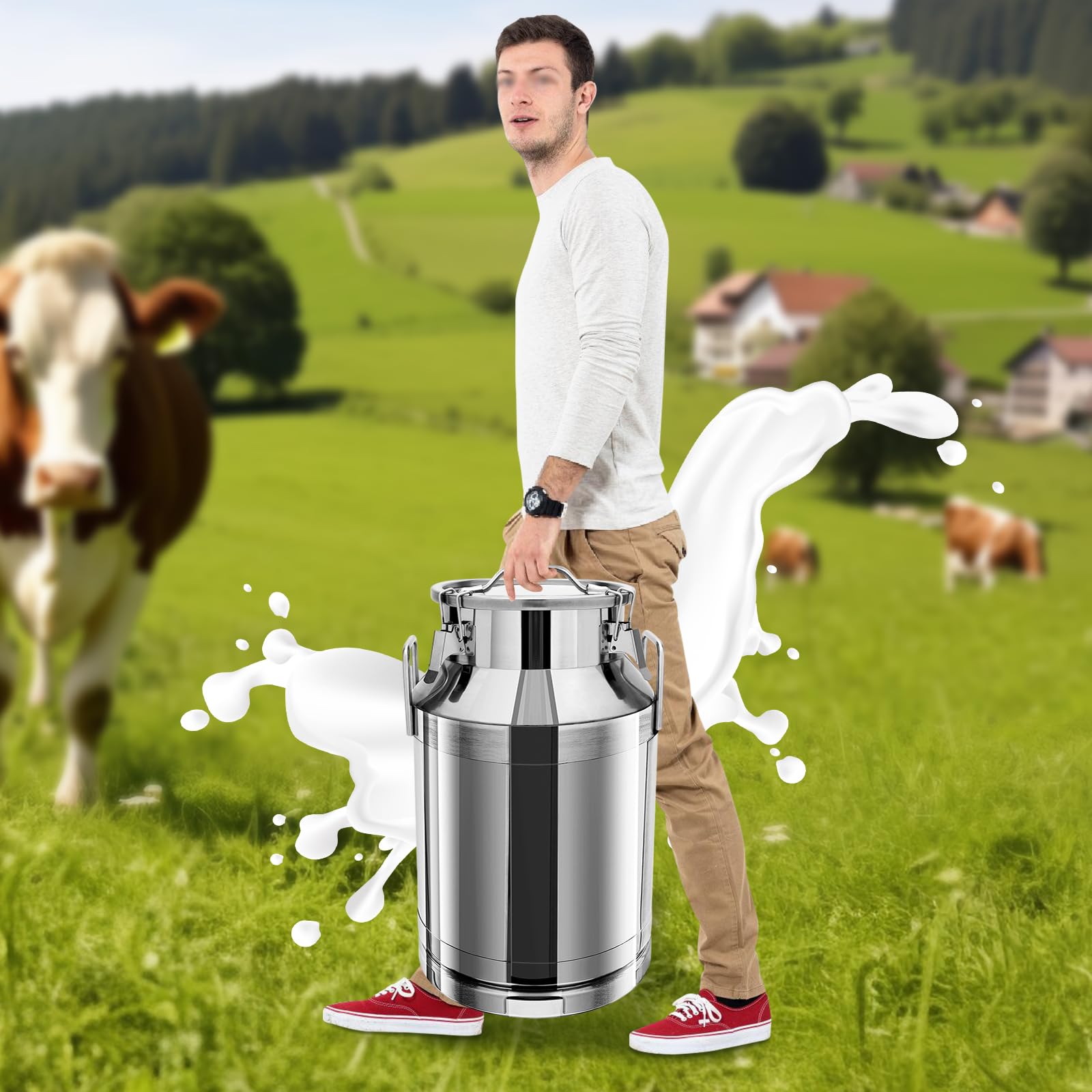 40L Stainless Steel Milk Bucket with Lid, Airtight Milk Storage Transport Can, Wine Pail Bucket Tote Jug Pot Oil Liquid Storage Barrel with 2 Handles for Storing Oil, Ghee, Water, Cheese, Cream