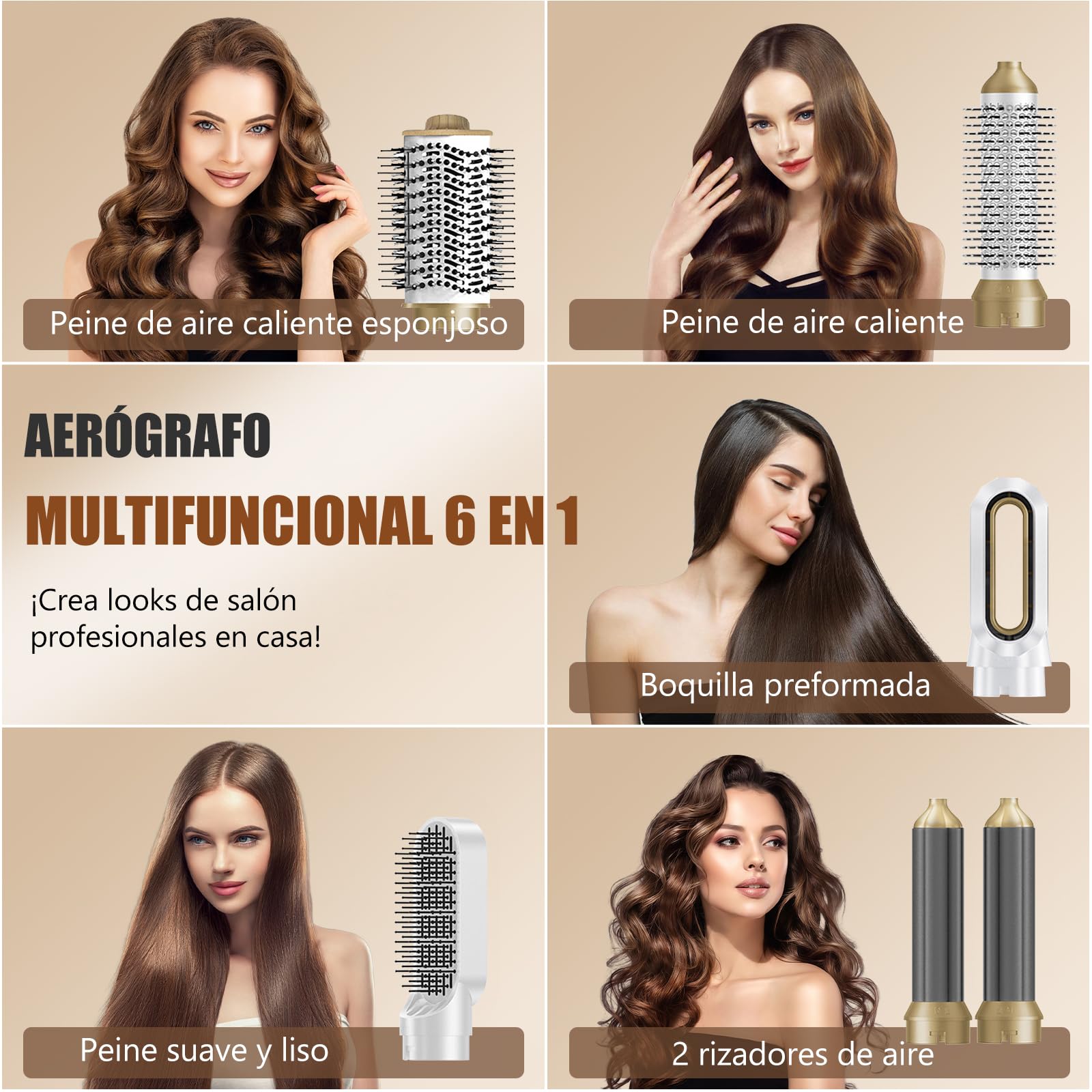 6 en 1 Cepillo Secador de Pelo,Air - Styler- Brush 1000W,Cepillo de Aire Caliente Set, Elimina El Frizz, 3 Temperaturas, cepillo electrico Pelo, cepillo Alisador, Rizador, Voluminizador (Blanco)