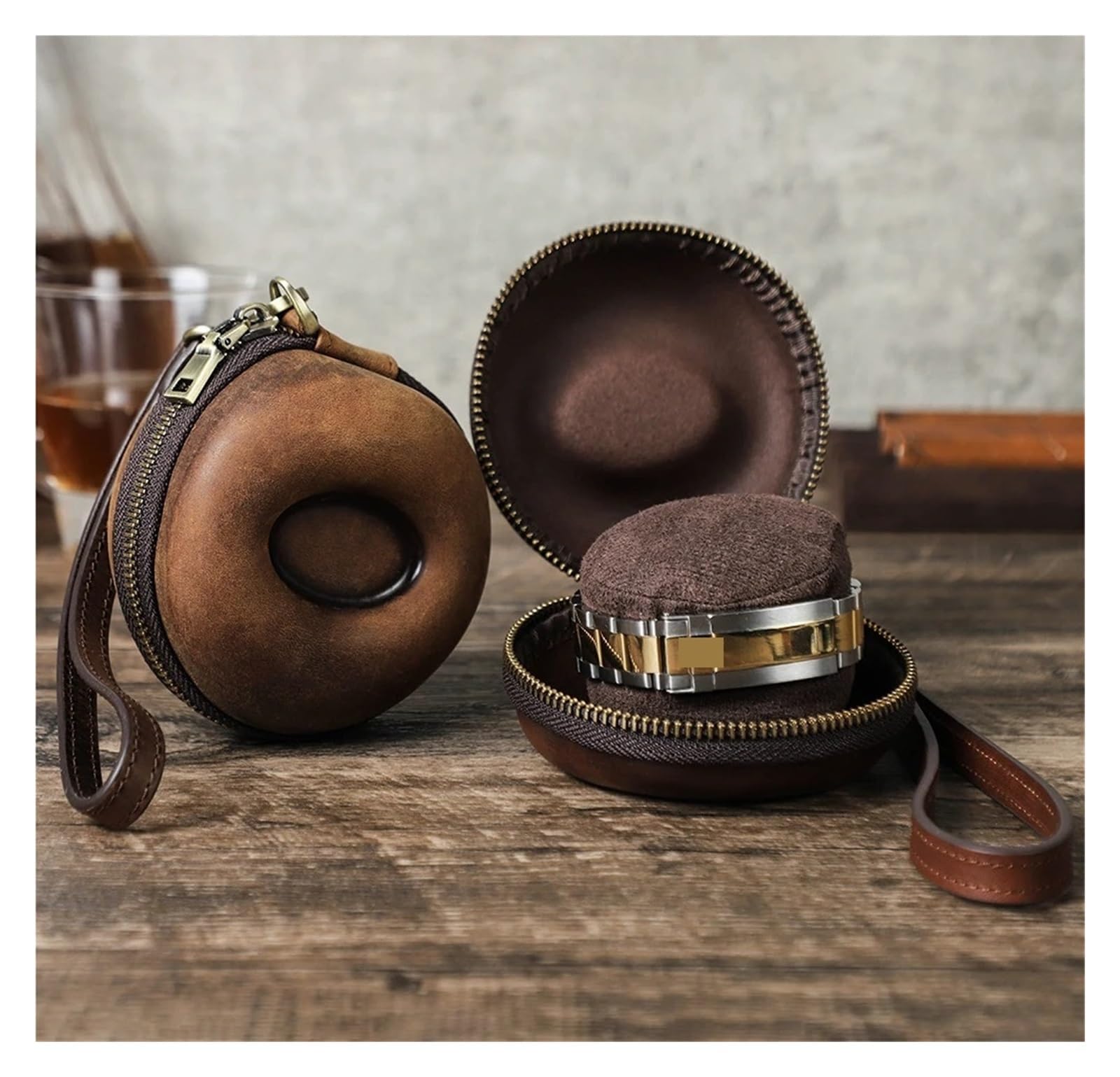 Boîte de rangement pour montre portable en cuir véritable avec fermeture éclair pour ranger pièces de monnaie et montre connectée (café)