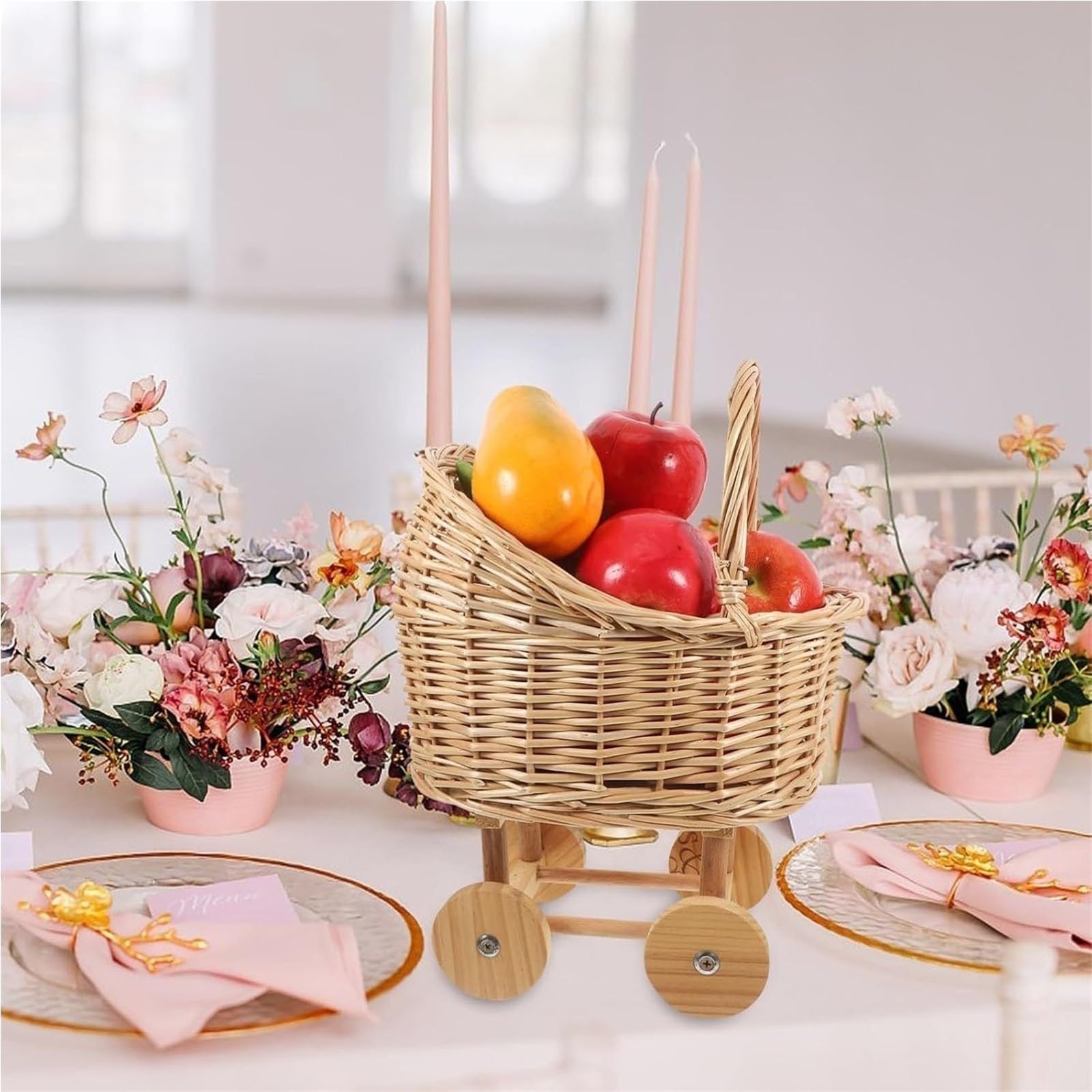 Blumenkorb in Kinderwagenform aus geflochtenem Rattan mit Griff, Blumenhalter for Picknicks, vielseitiger Trolley, dekorativer Süßigkeitenkorb for Hochzeiten, Partys und Blumenarrangements(Smaller)