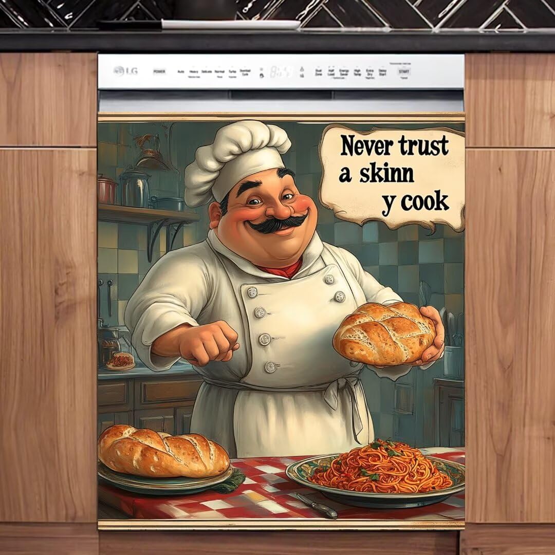 Fat Chef Kitchen Dishwasher Magnet Skin Cover, Bread Kitchen Refrigerator Magnetic Covers Door Stickers, Never Trust a Skinny Chef Vinyl Decal for Home Cabinet Decals (23" W x 26" H Magnetic)