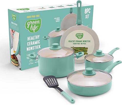 GreenLife Juego de 8 utensilios de cocina antiadherentes, no tóxicos, sin PFAS, apto para lavavajillas y horno, freír, salsa, olla de valor, tapas