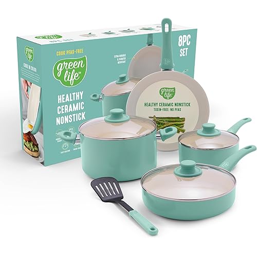 GreenLife 8 Piece Nonstick Cookware Set, Non-Toxic PFAS-Free Ceramic Pots & Pans, Dishwasher & Oven Safe, Frying, Sauce, Stock Pot, Glass Lids, Stay-Cool Handles, Wobble Free, Turquoise