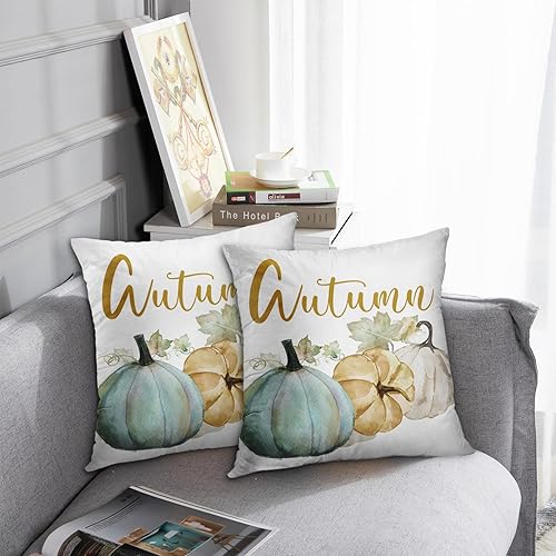 Miniatura 3 de Juego de 2 fundas de almohada decorativas para otoño, color azul, gris, calabaza, acuarela, fundas de almohada, fundas de cojín para sofá, tamaño de