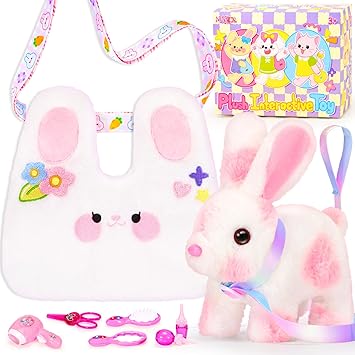 NINAOR Easter Hopping Bunny Toy for Kids with Crossbody Bags, Interactive Wiggle Ears Rabbit Toy for Girls Trip Pretend Play Robot Pet Care Cute Stuff Plushies Birthday Gifts Easter Basket Stuffers