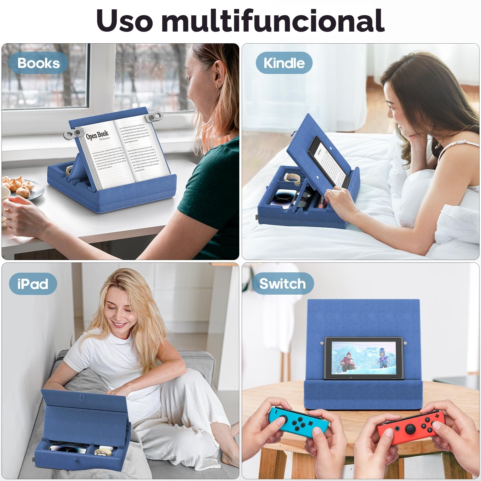 KDD Atril para Libros con Almacenamiento, Soportes de Almohada de Lectura，Soporte de Almohada para Tablet, Cama, Escritorio y Sofá, Soporte iPad Plegable con Bandeja Organizadora (4.7 "-15")